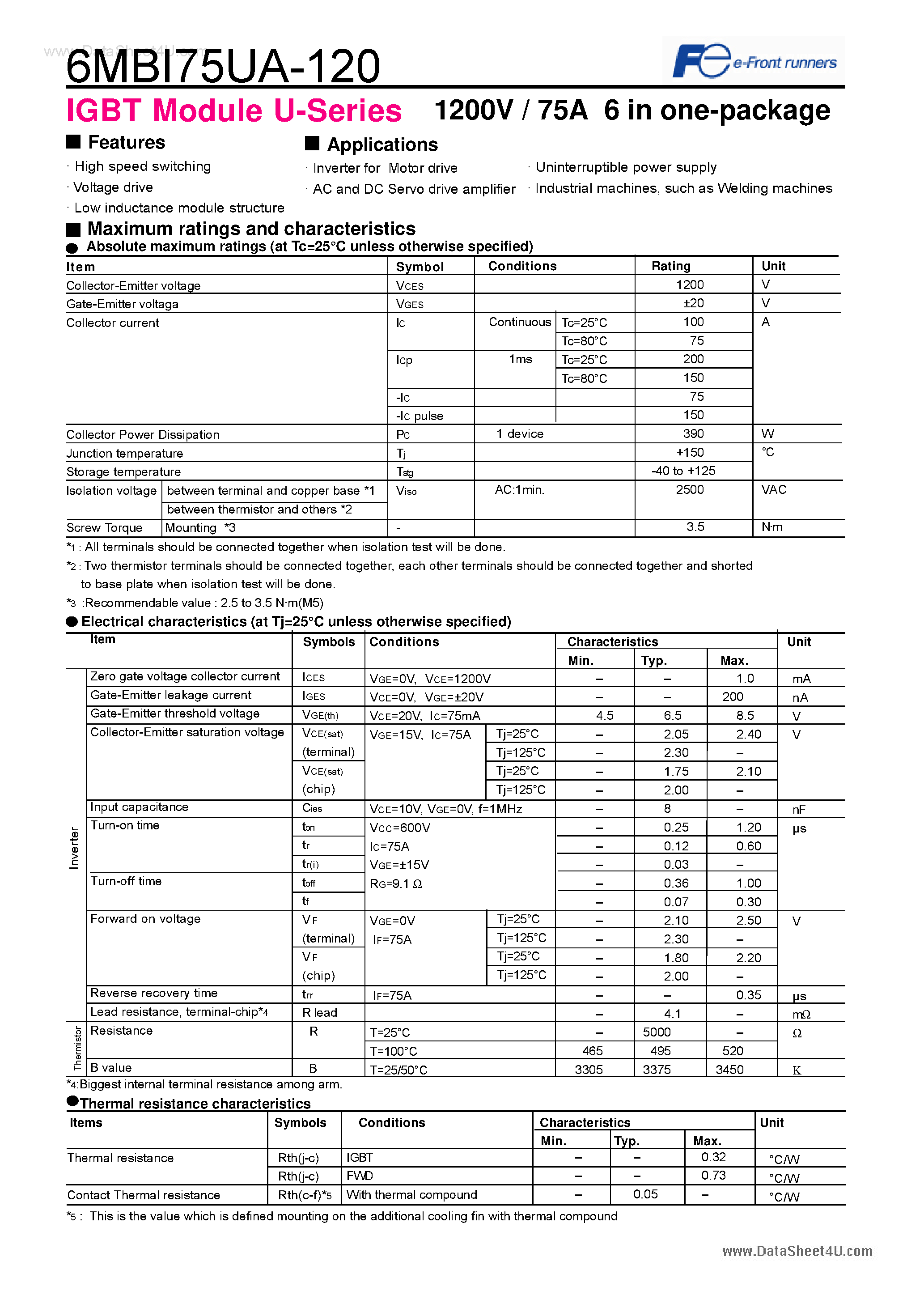 Datasheet 6MBI75UA-120 - IGBT Module U-Series page 1