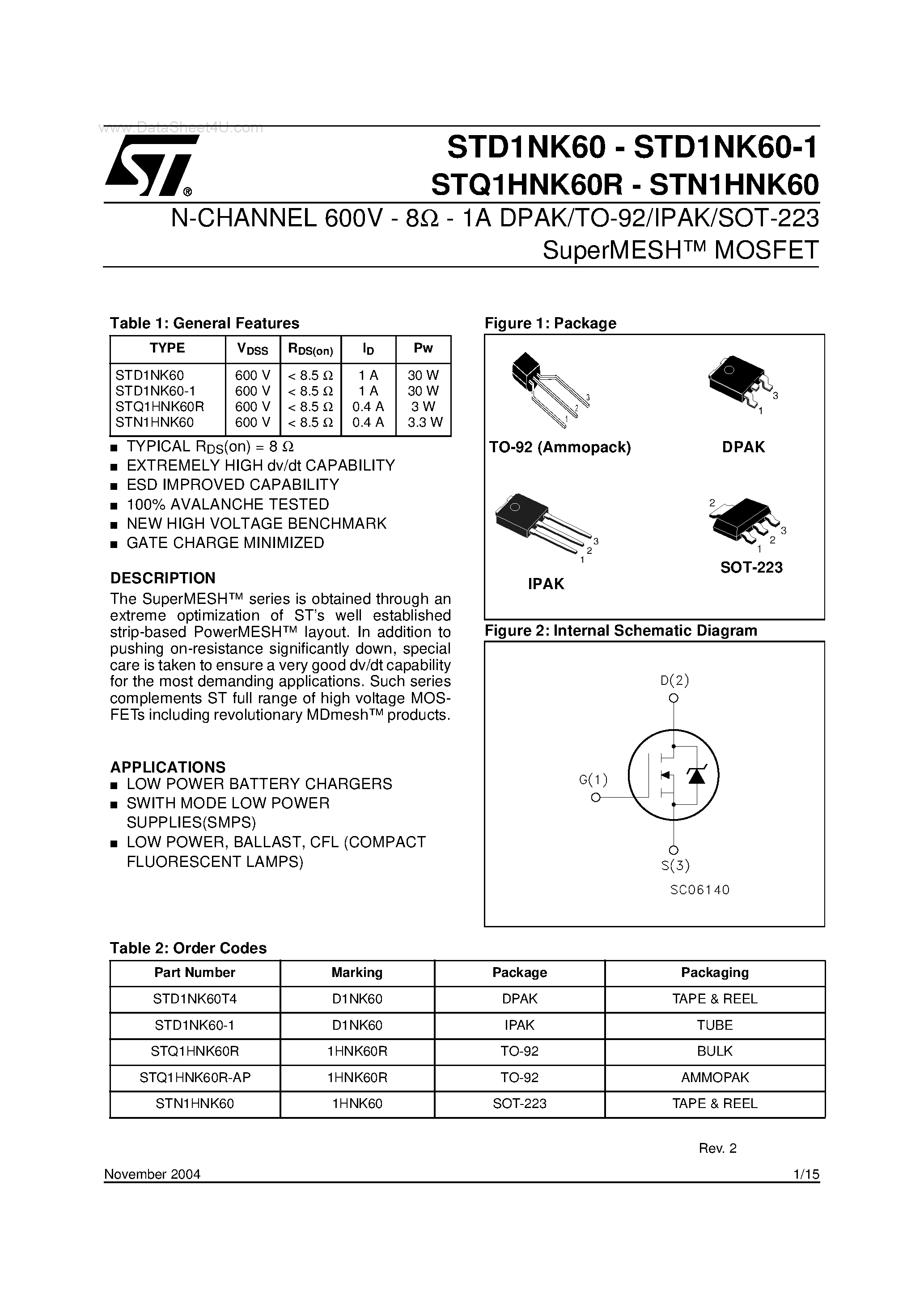 Datasheet STQ1HNK60R - N-CHANNEL MOSFET page 1