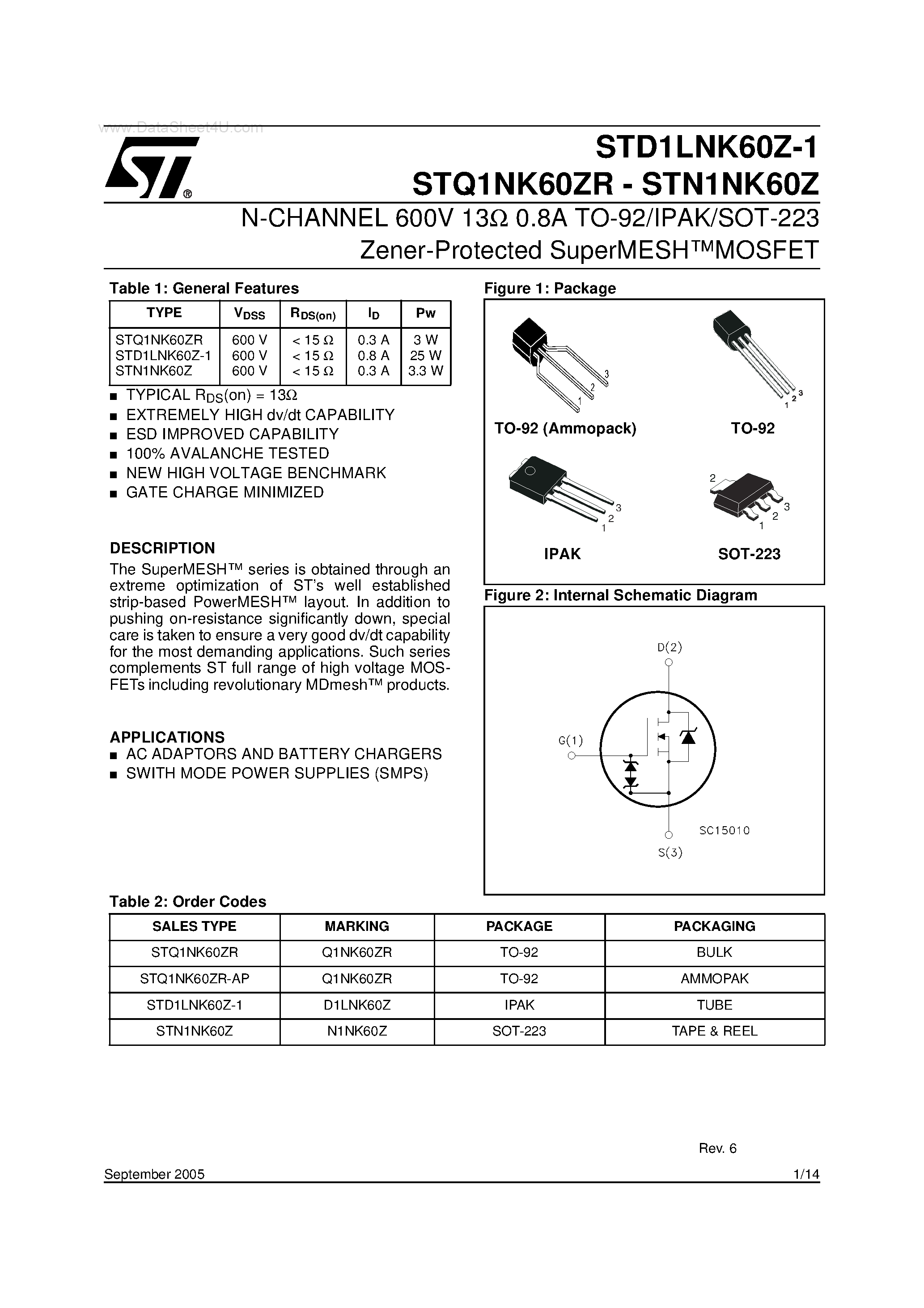 Datasheet STQ1NK60ZR - N-CHANNEL MOSFET page 1
