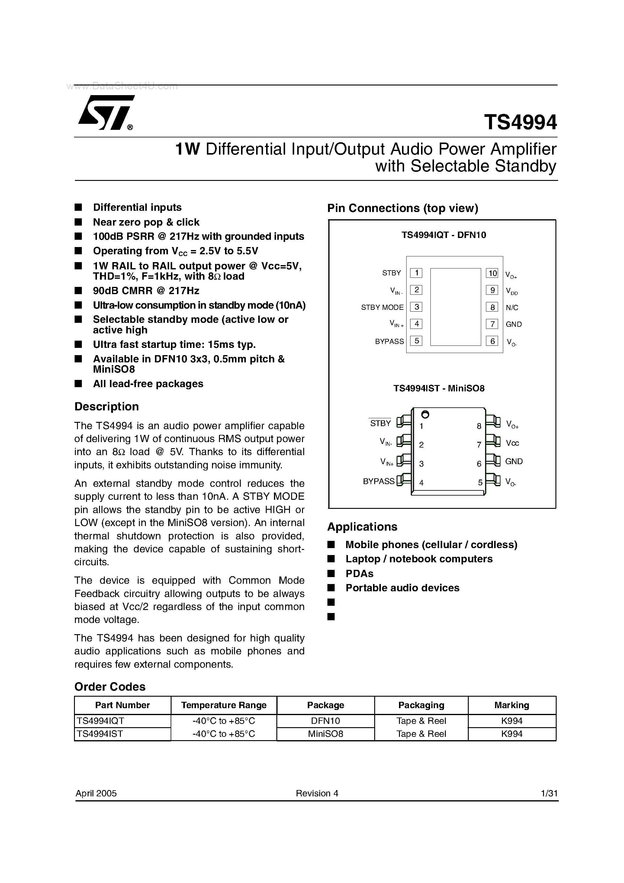 Datasheet TS4994 - 1W Differential Input/Output Audio Power Amplifier page 1