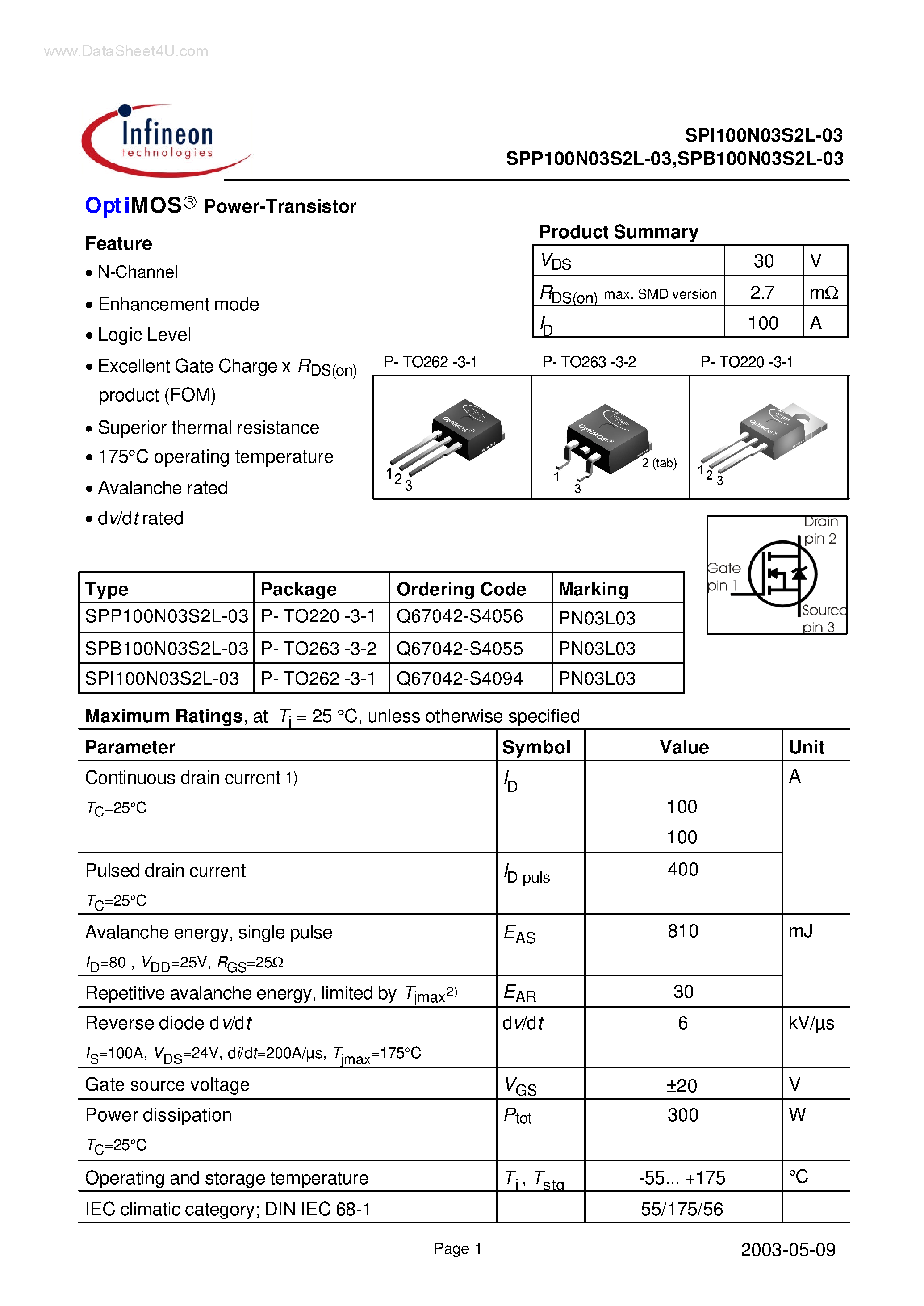Datasheet SPI100N03S2L-03 - OptiMOS Power-Transistor page 1
