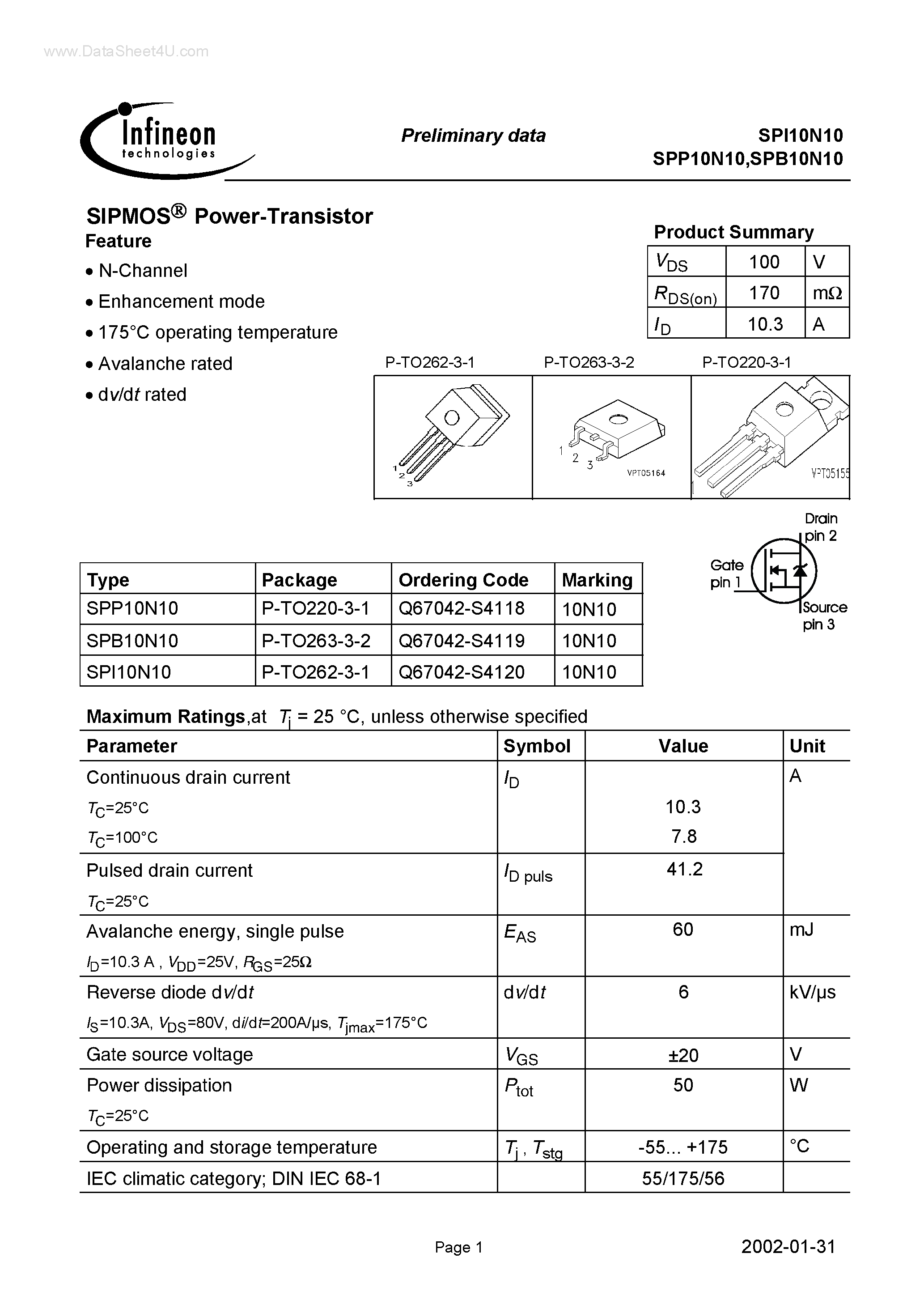 Даташит SPI10N10 - SIPMOS Power-Transistor страница 1