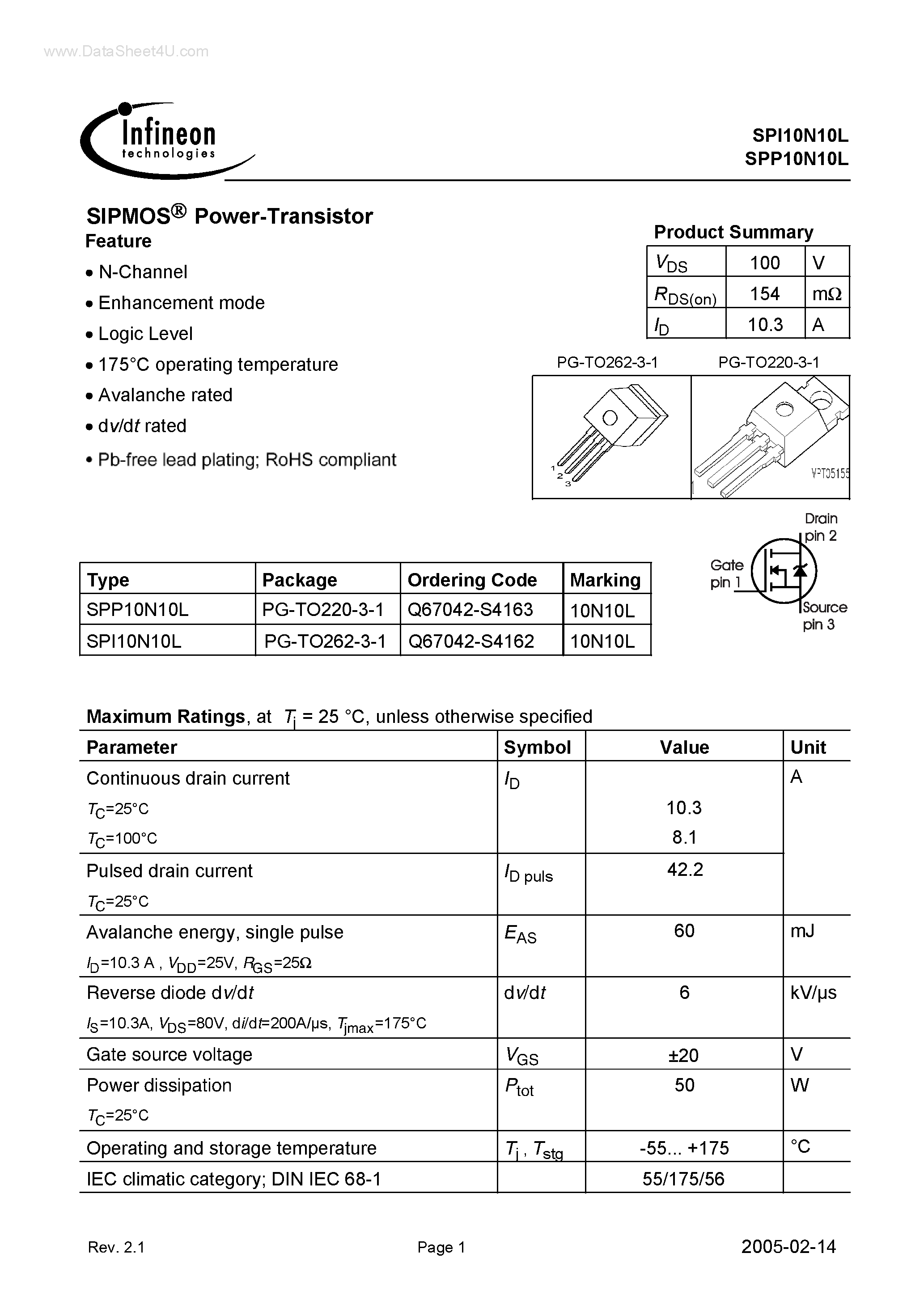 Даташит SPI10N10L - SIPMOS Power-Transistor страница 1