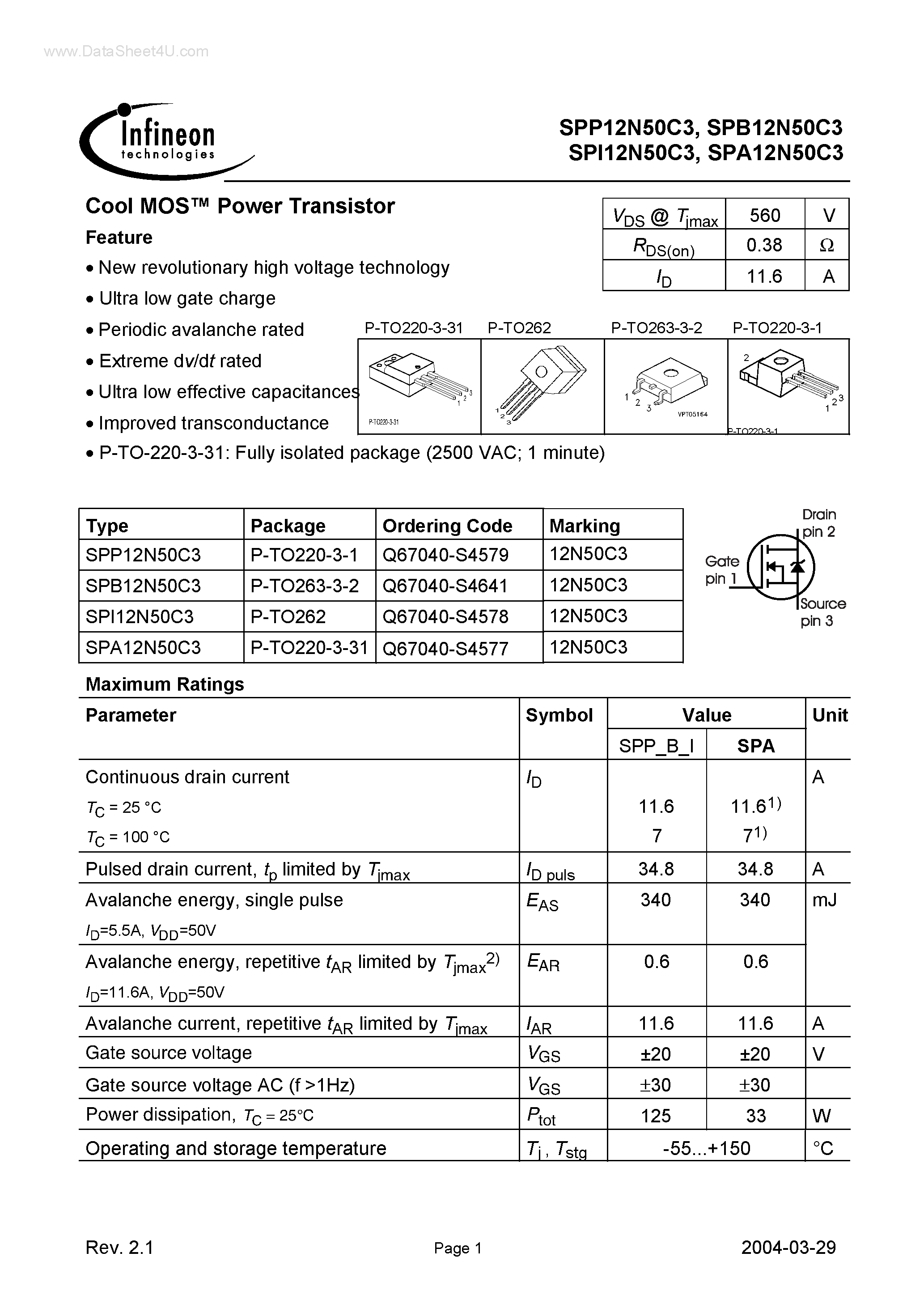 Datasheet SPI12N50C3 - Power Transistor page 1