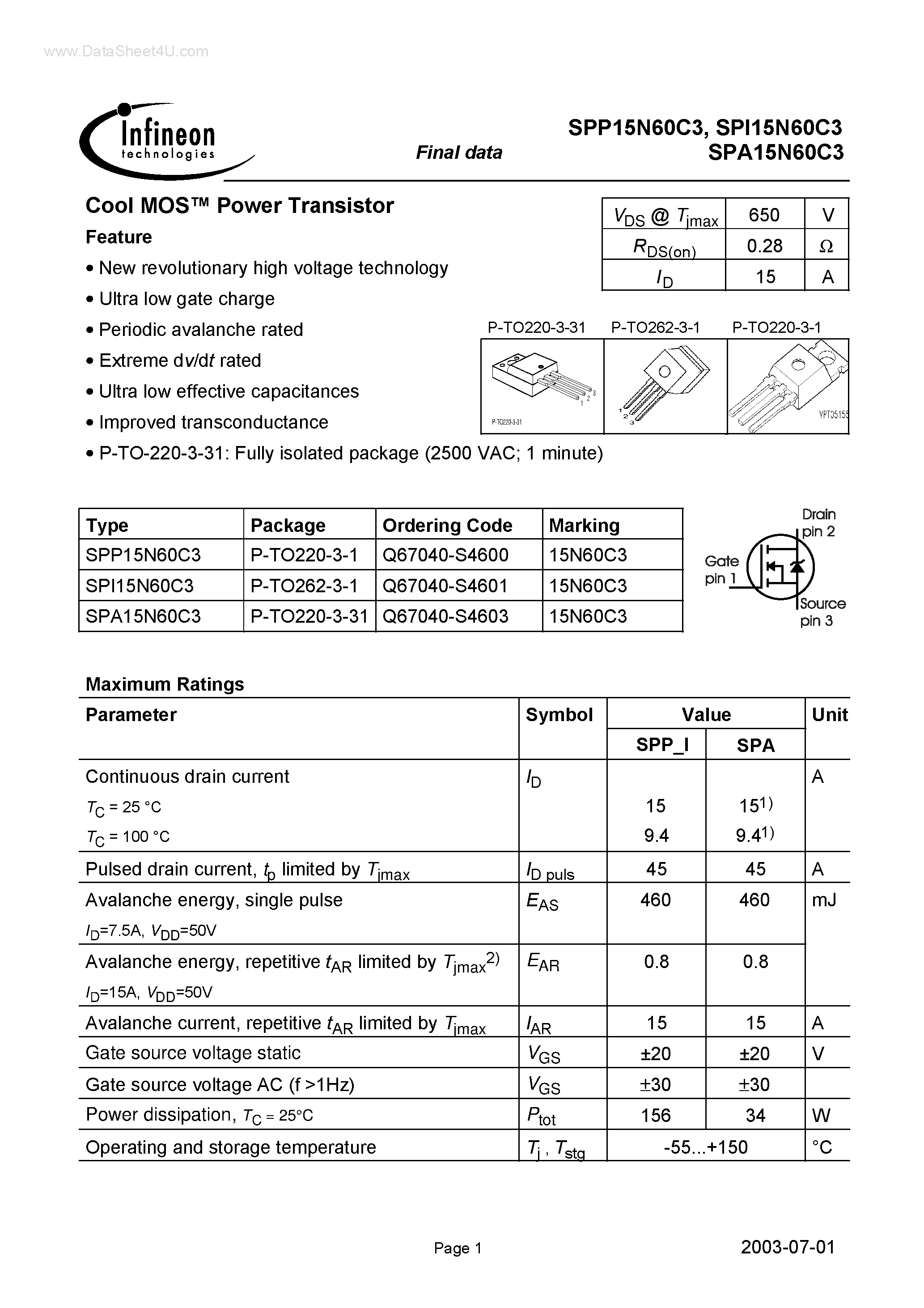 Даташит SPI15N60C3 - Power Transistor страница 1