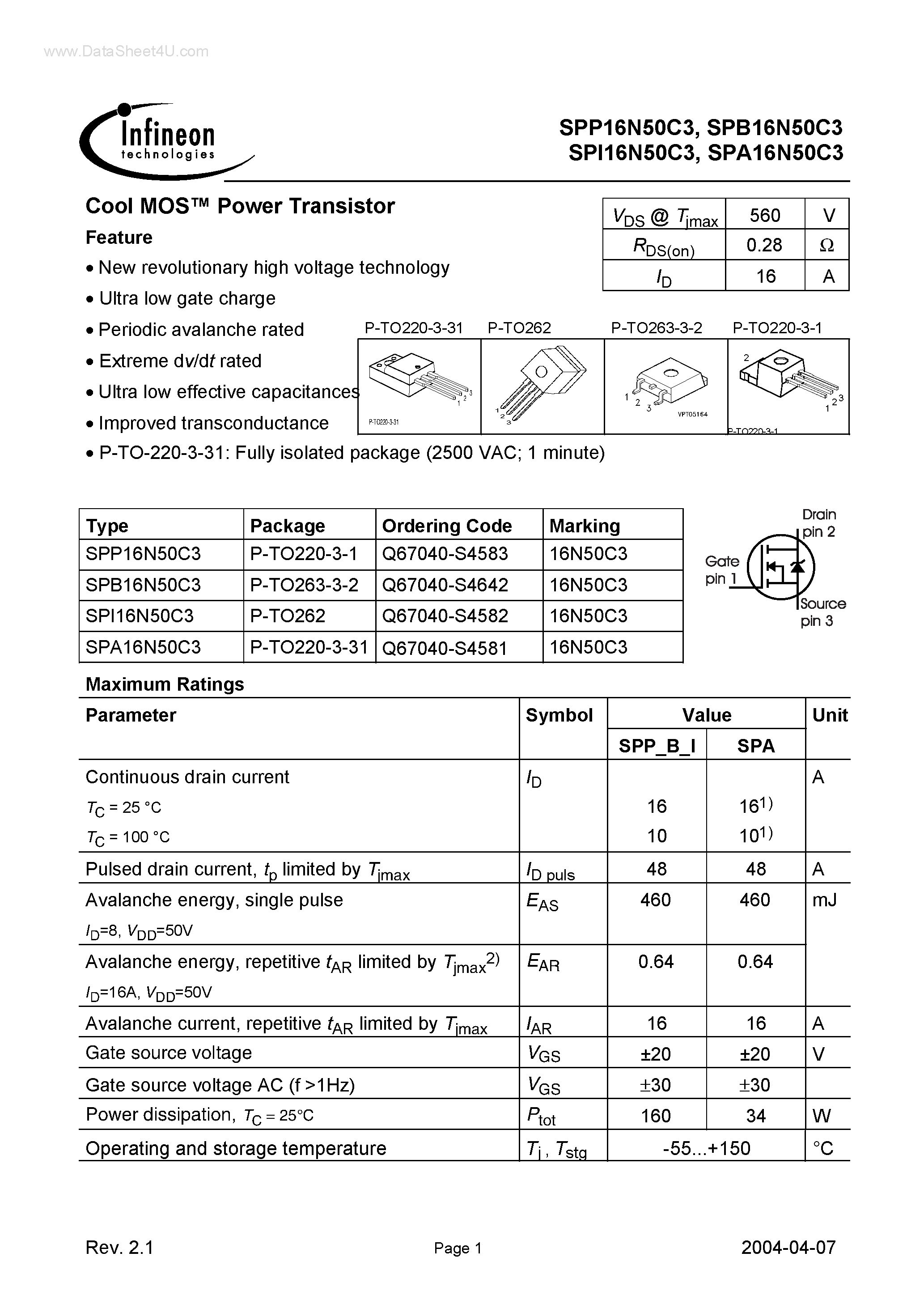 Даташит SPI16N50C3 - Power Transistor страница 1