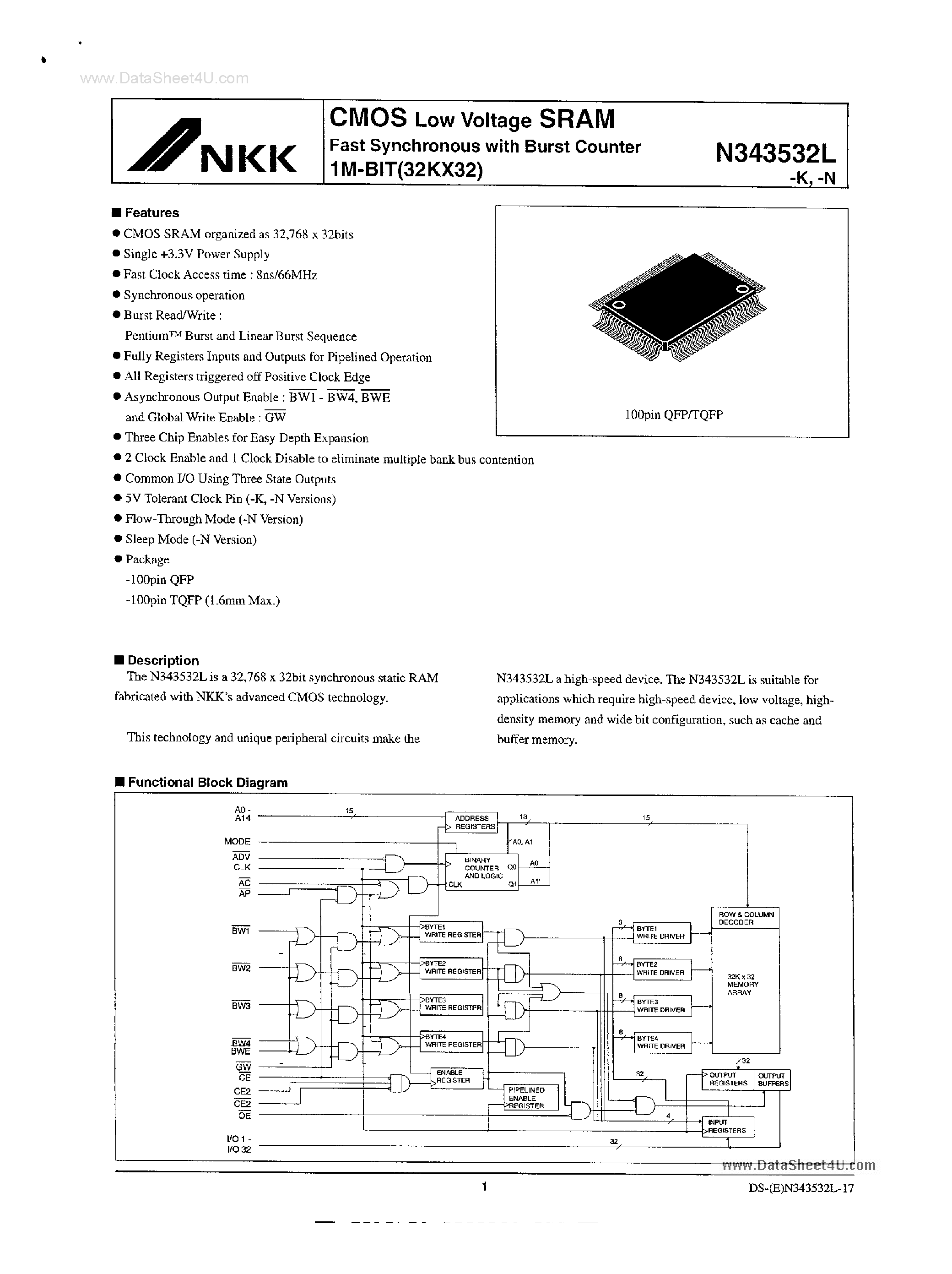Datasheet N343532L-K - CMOS Low Voltage SRAM page 1
