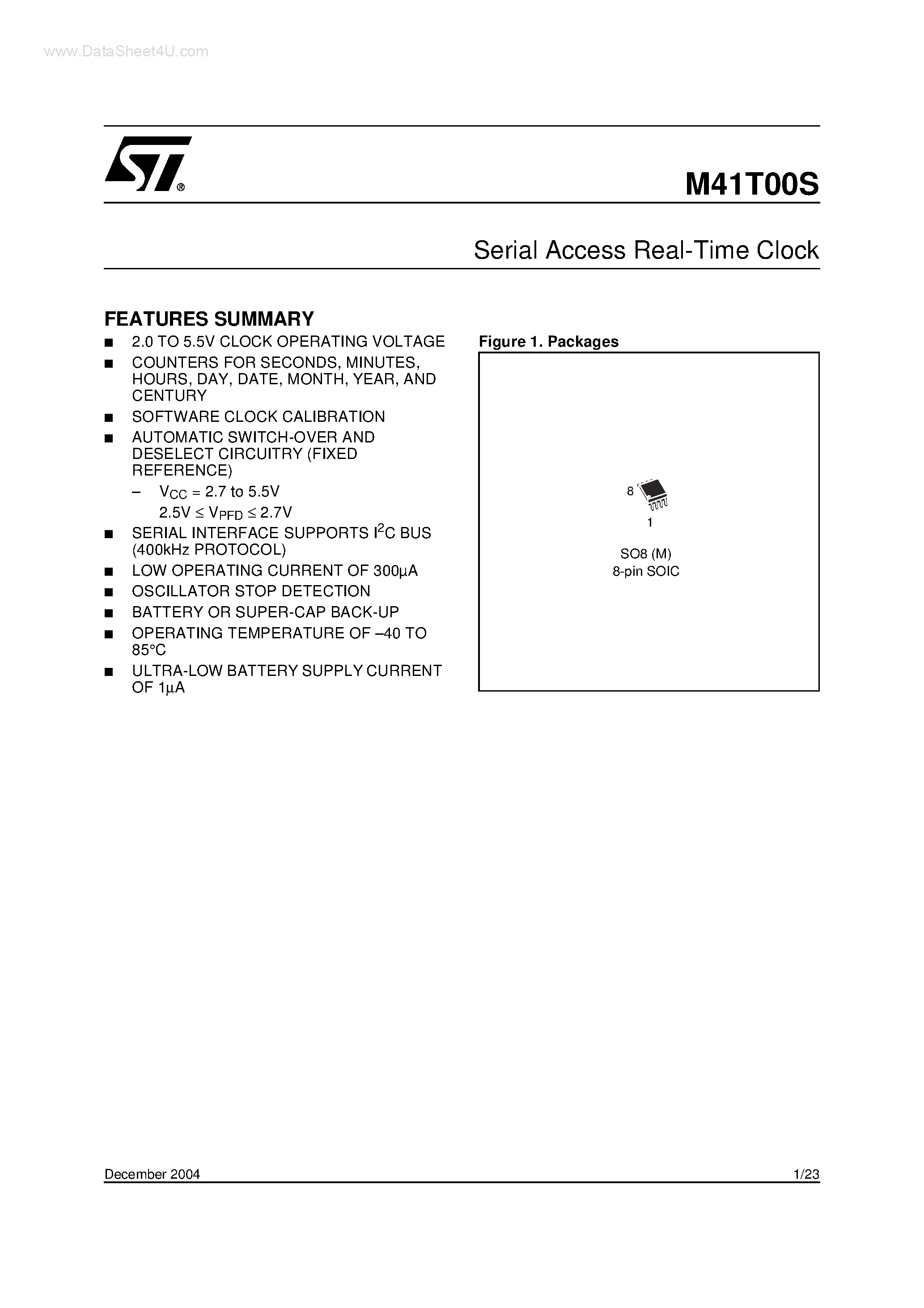 Datasheet M41T00S - Serial Access Real-Time Clock page 1
