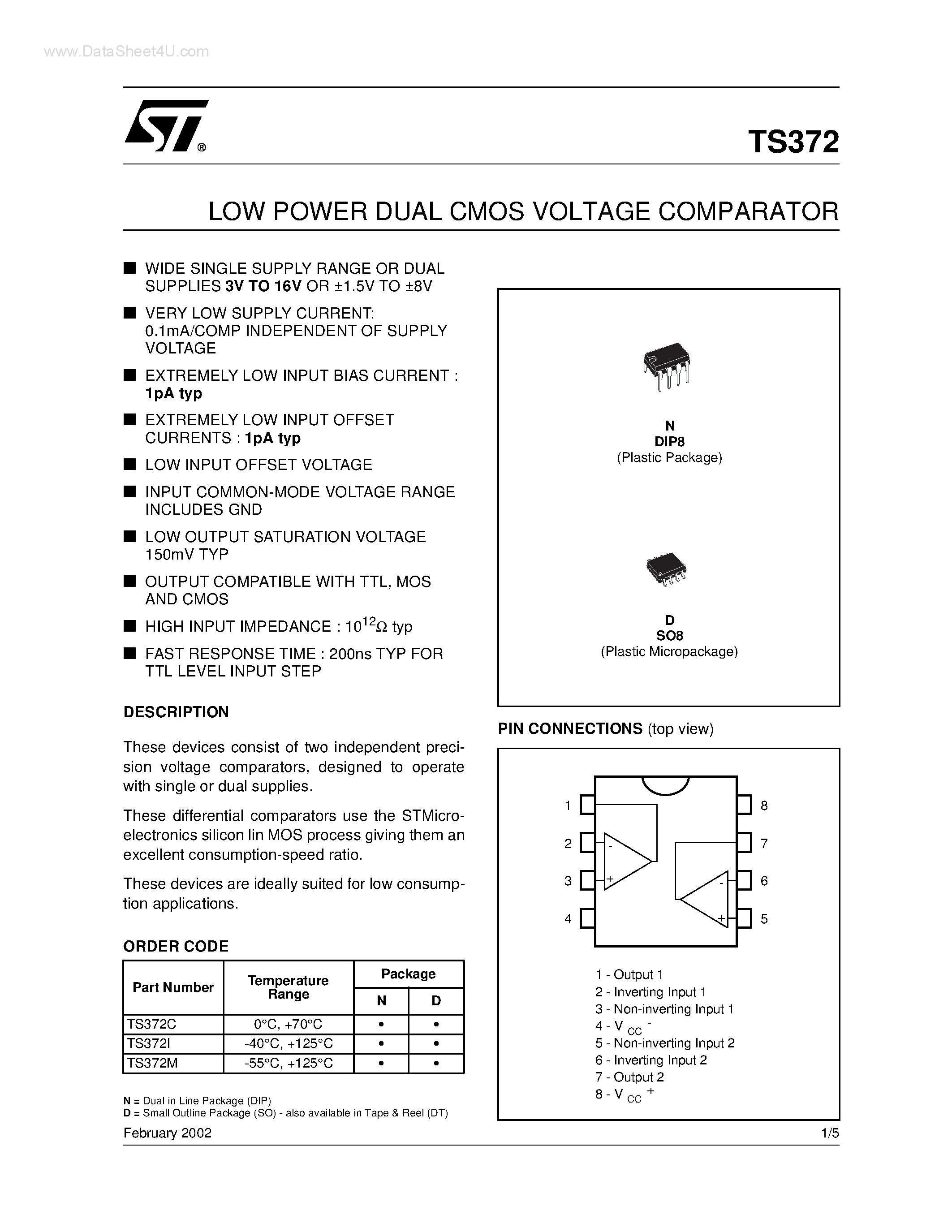 Даташит TS372 - LOW POWER DUAL CMOS VOLTAGE COMPARATOR страница 1