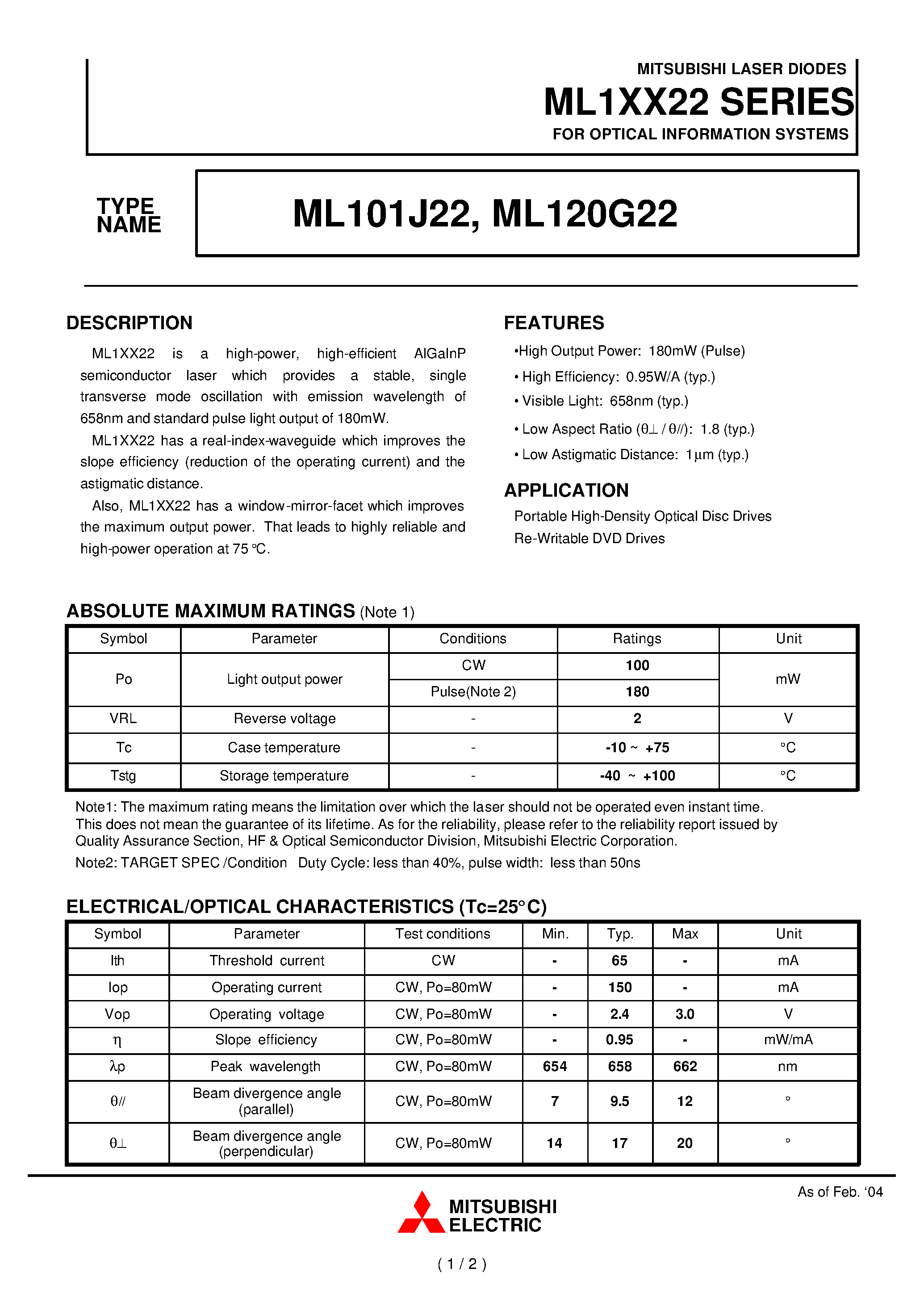 Даташит ML101J22 - (ML1xx22) FOR OPTICAL INFORMATION SYSTEMS страница 1