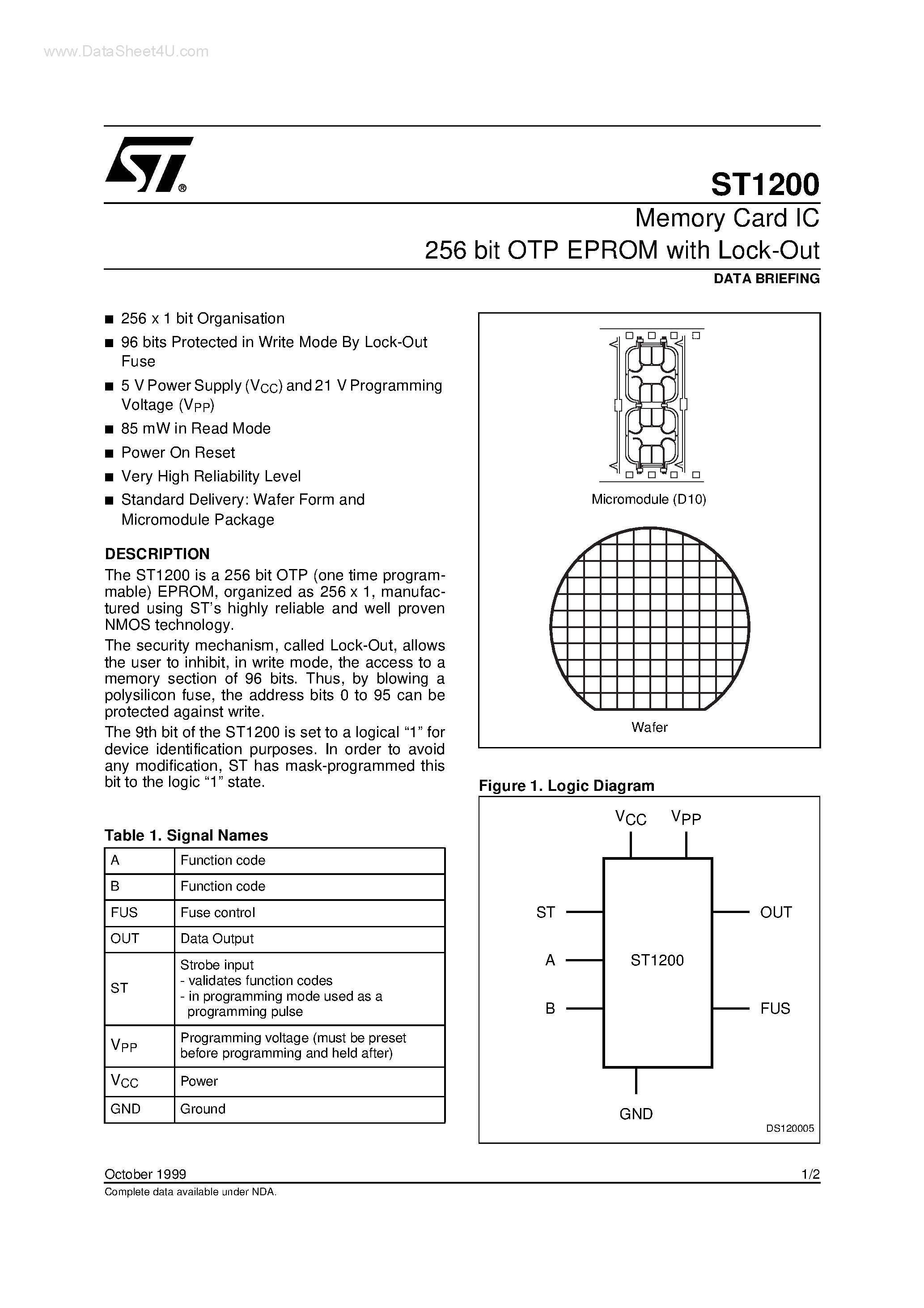 Datasheet ST1200 - Memory Card IC 256 bit OTP EPROM page 1