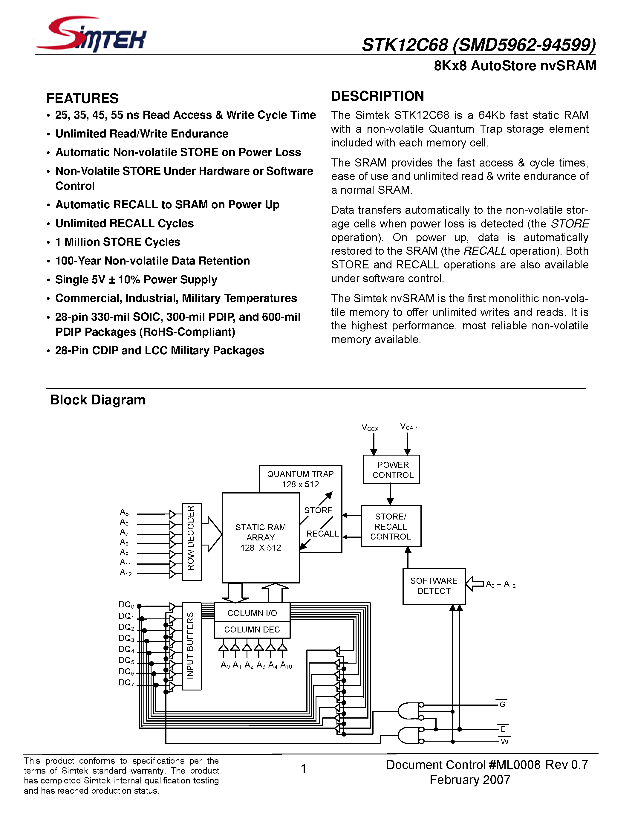 Datasheet STK12C68 - 8Kx8 AutoStore nvSRAM page 1