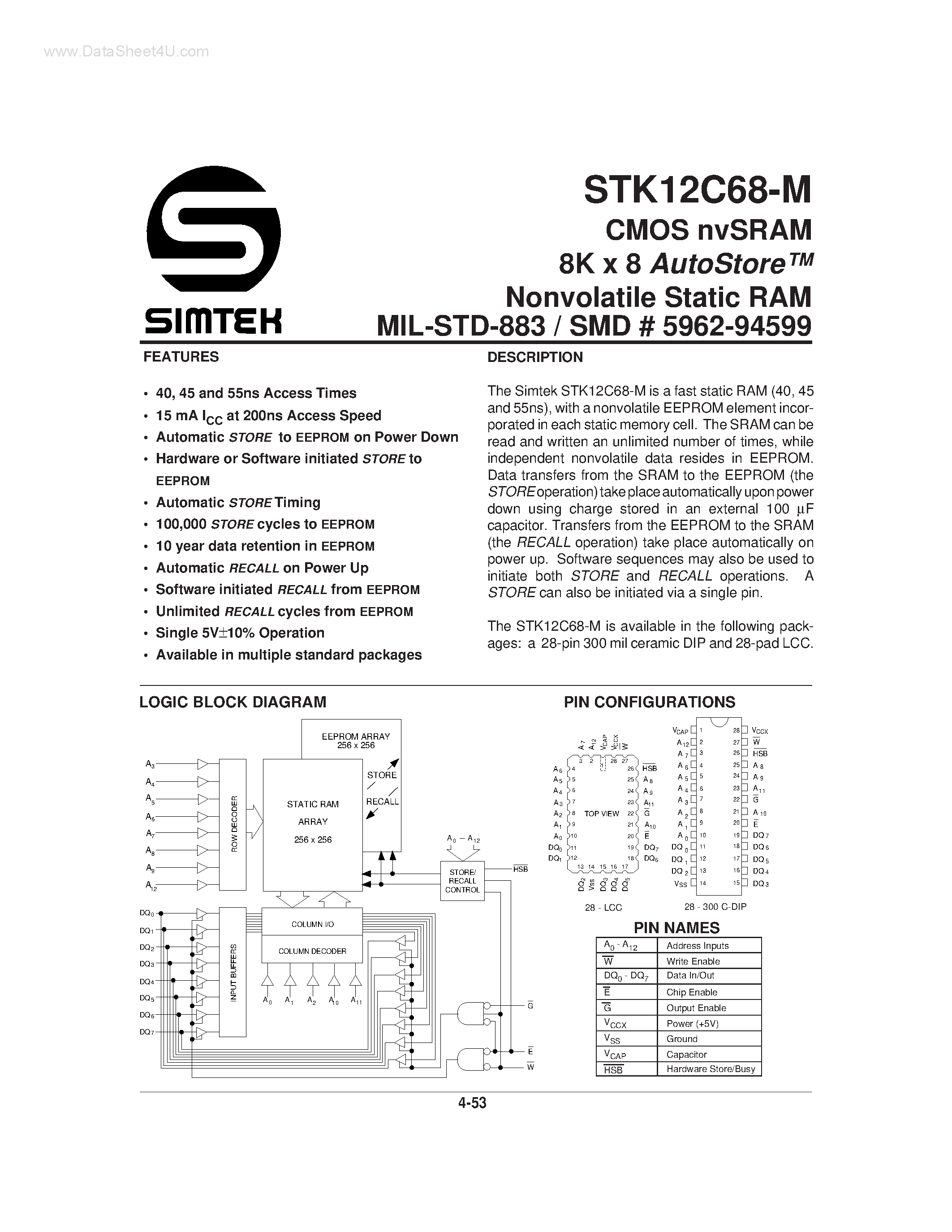 Даташит STK12C68-M - CMOS NV SRAM 8K X 8 AUTOSTORE NONVOLATILE STATIC RAM страница 1
