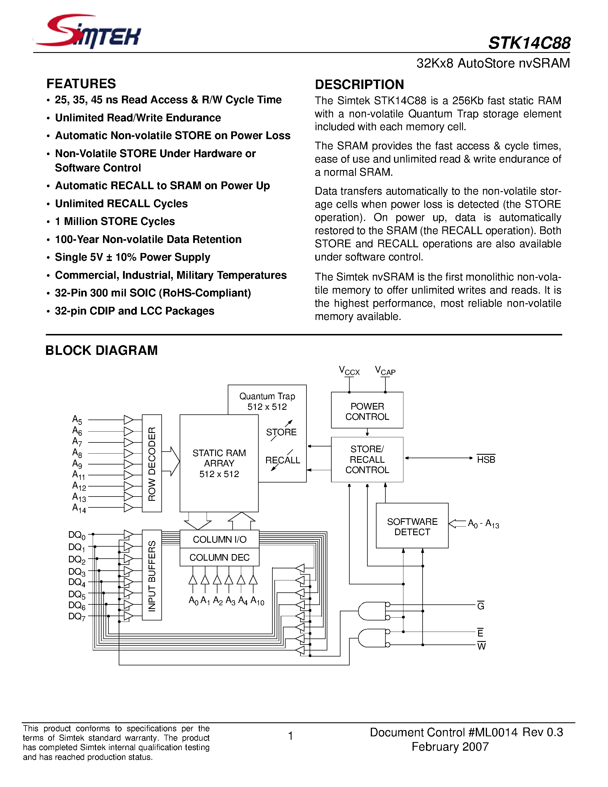 Datasheet STK14C88 - 32Kx8 AutoStore nvSRAM page 1