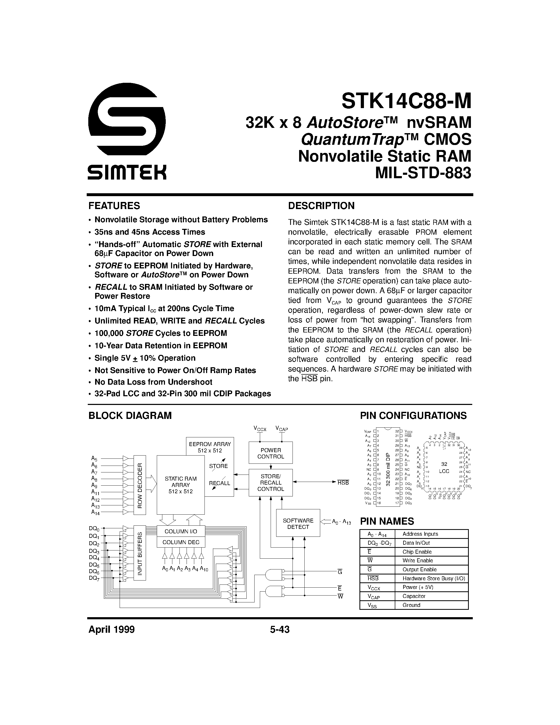 Даташит STK14C88-M - 32K x 8 AUTOSTORE nvSRAM QUANTUM TRAP CMOS NONVOLATILE STATIC RAM страница 1