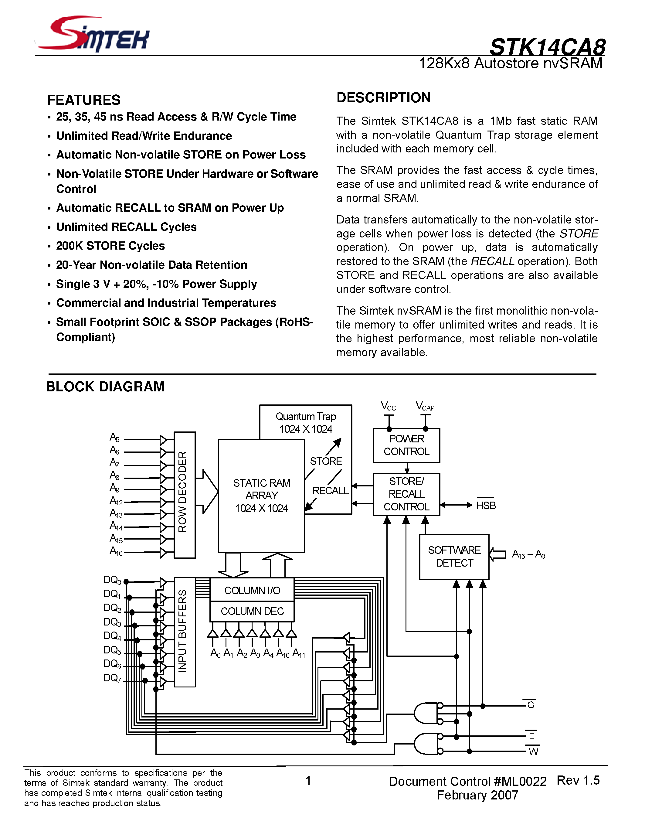 Datasheet STK14CA8 - 128Kx8 Autostore nvSRAM page 1