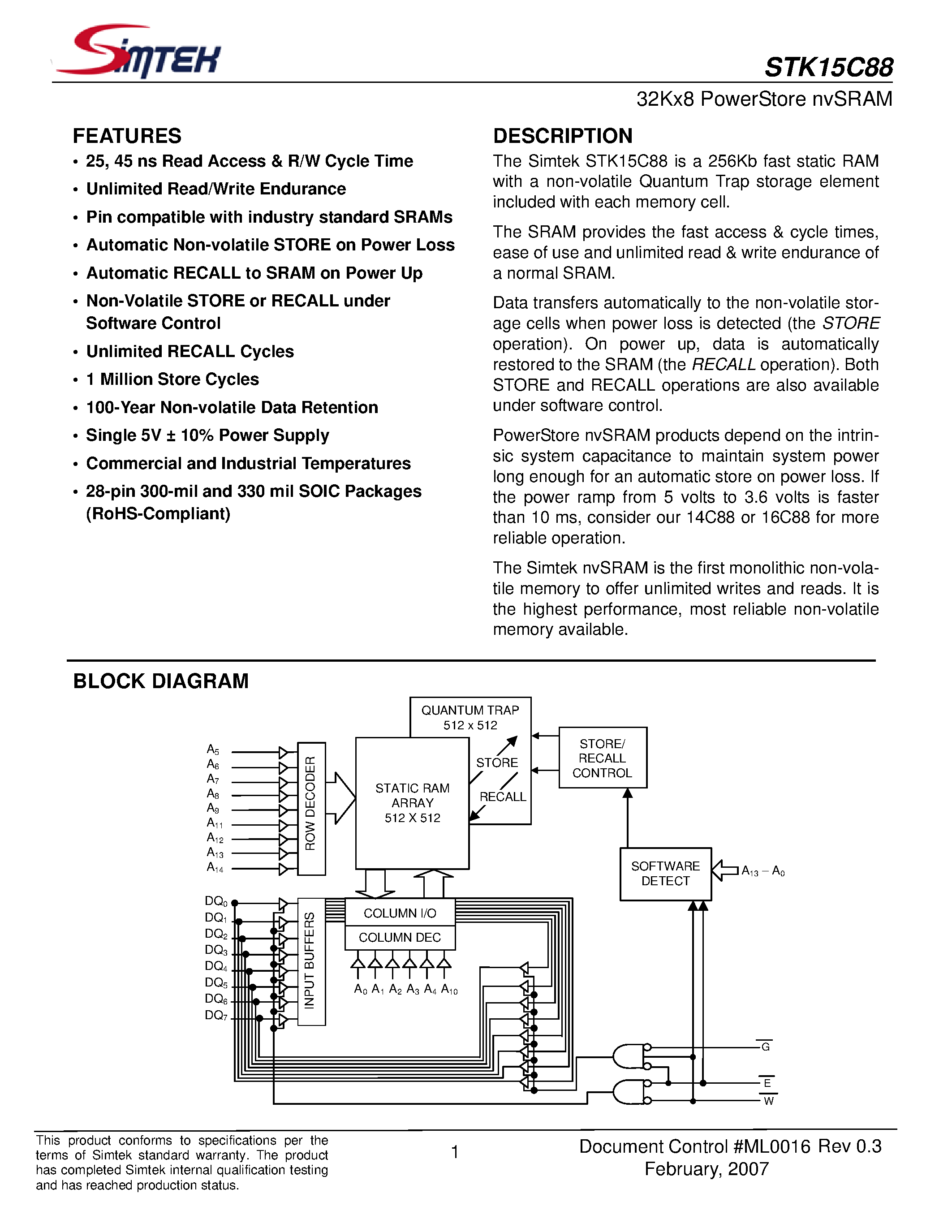 Datasheet STK15C88 - 32Kx8 PowerStore nvSRAM page 1