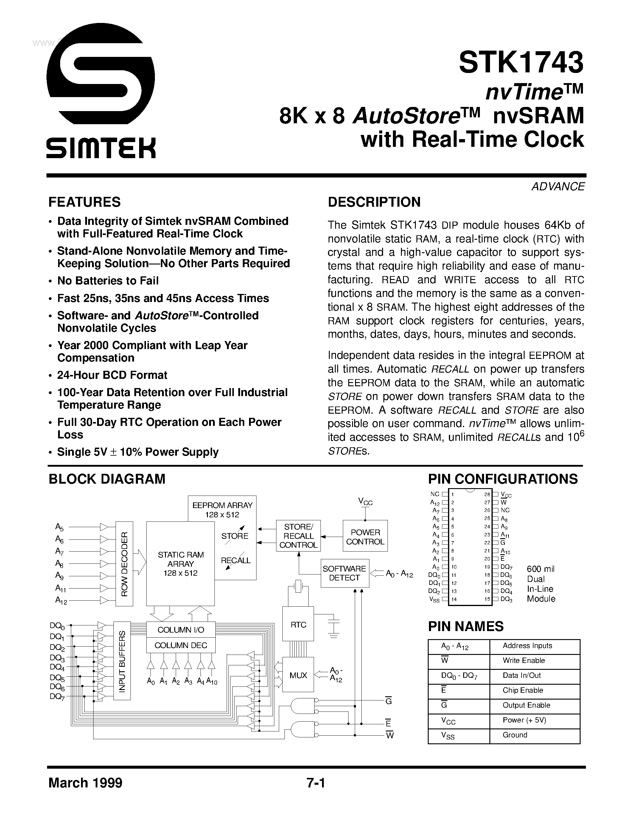 Datasheet STK1743 - NV TIME 8K X 8 AUTOSTORE NVSRAM page 1