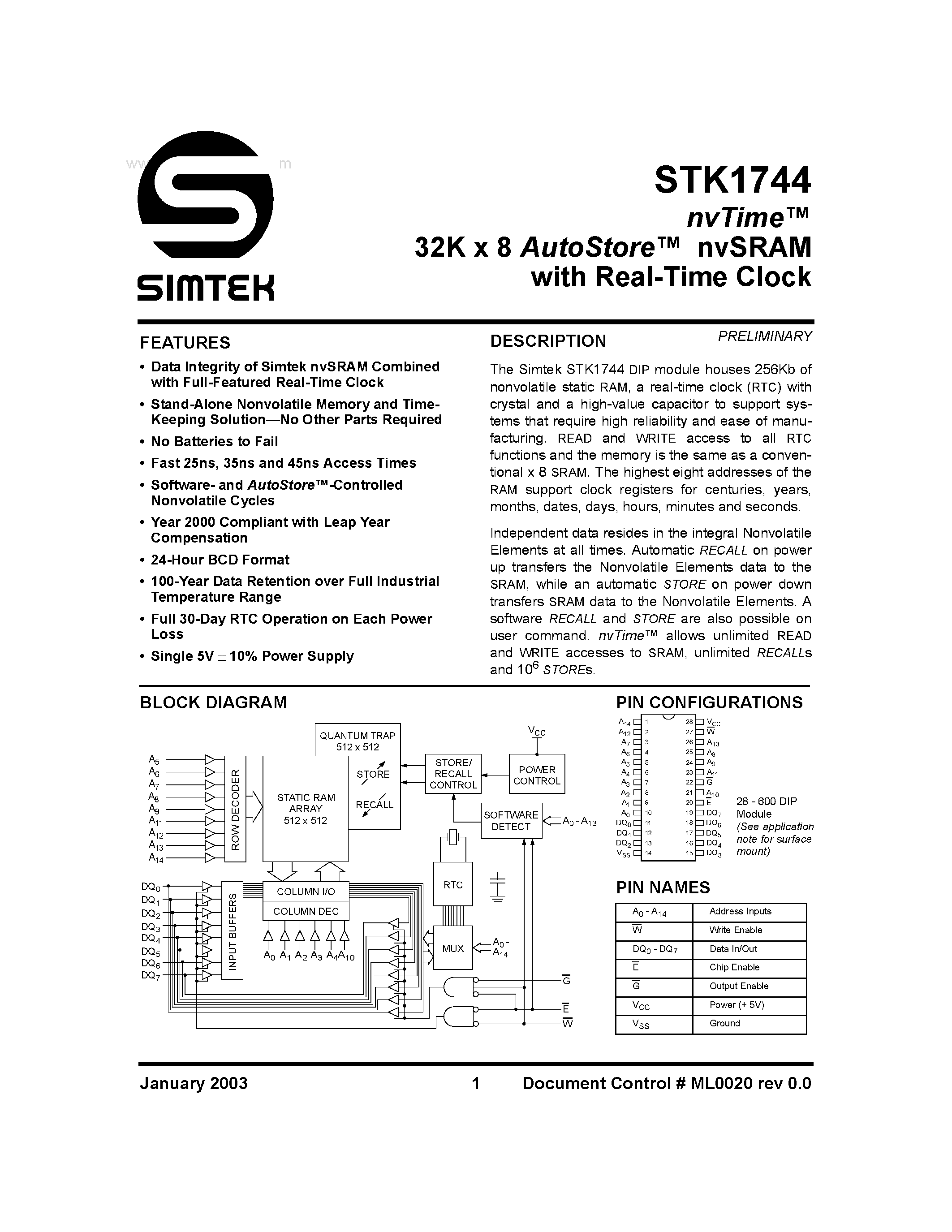 Datasheet STK1744 - 32K x 8 AutoStore nvSRAM page 1