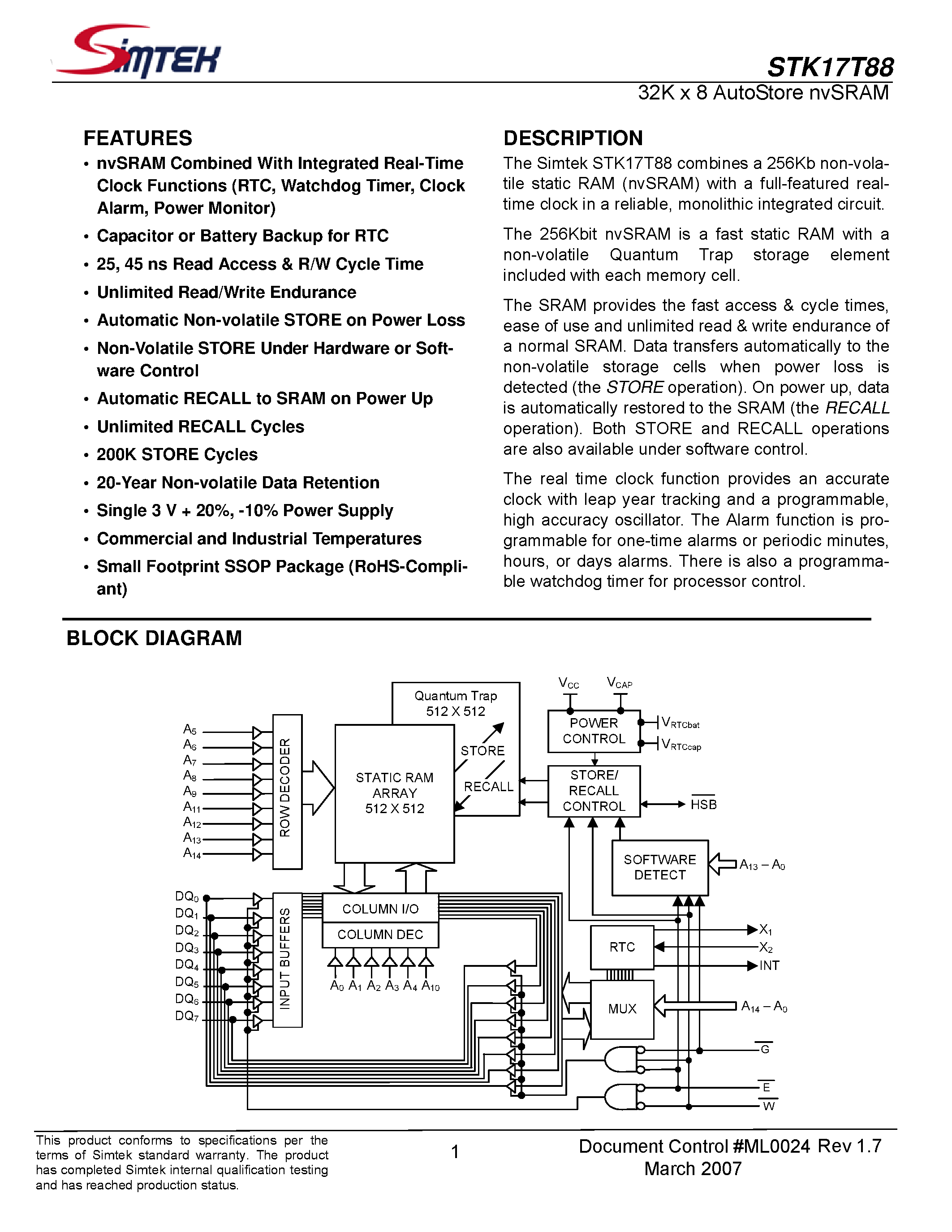 Datasheet STK17T88 - 32K x 8 AutoStore nvSRAM page 1