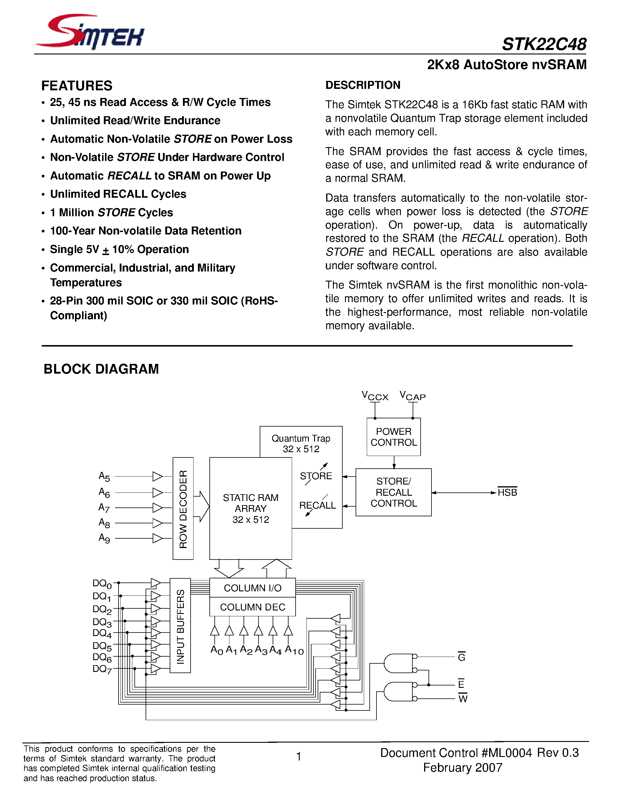 Datasheet STK22C48 - 2Kx8 AutoStore nvSRAM page 1
