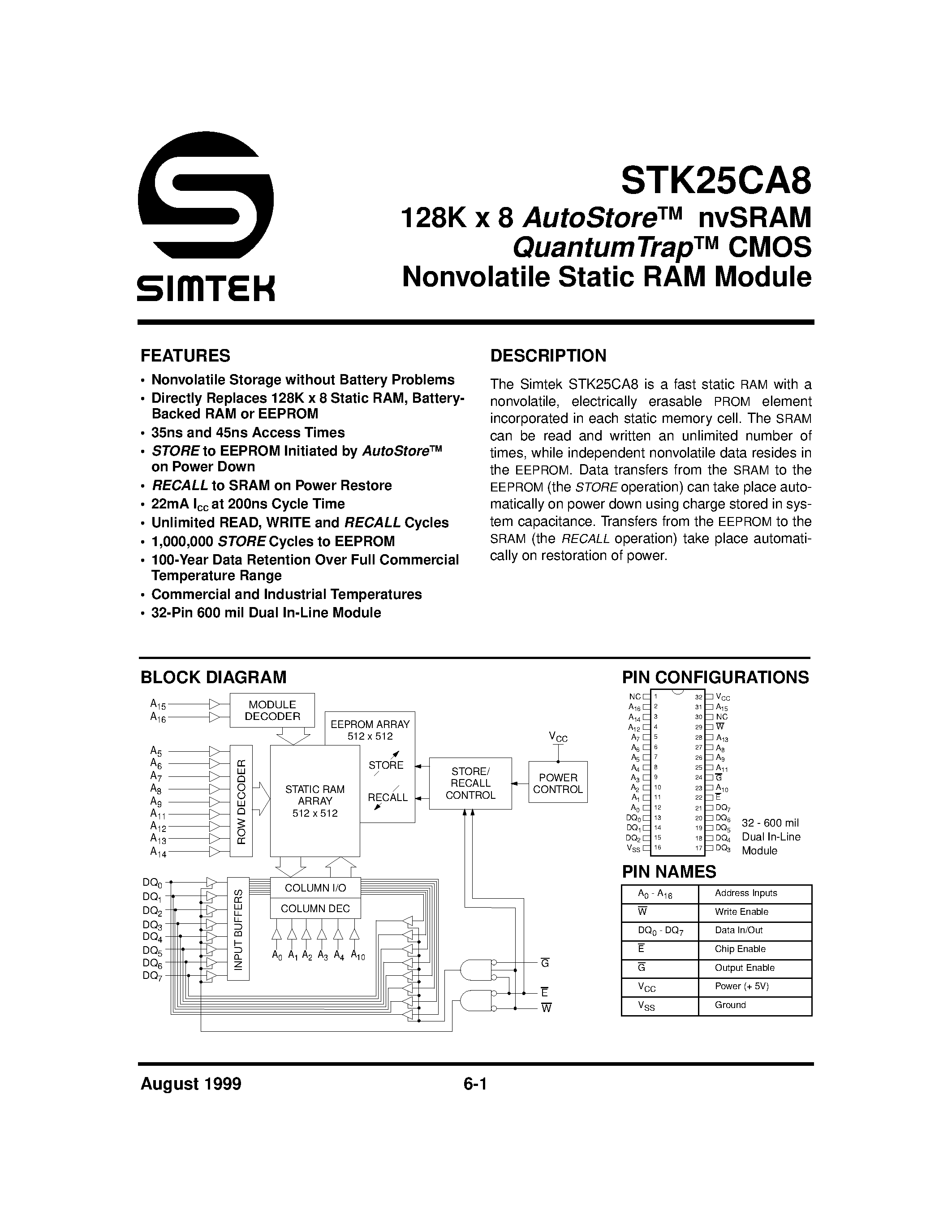 Даташит STK25CA8 - 128K x 8 AutoStore nvSRAM CMOS Nonvolatile Static RAM Module страница 1