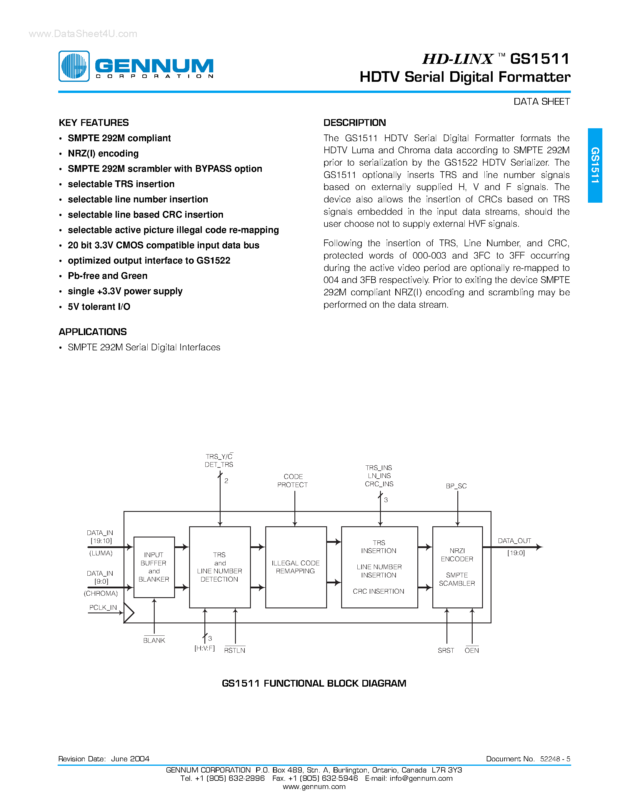 Datasheet GS1511 - HD-LINX -TM GS1511 HDTV Serial Digital Formatter page 1