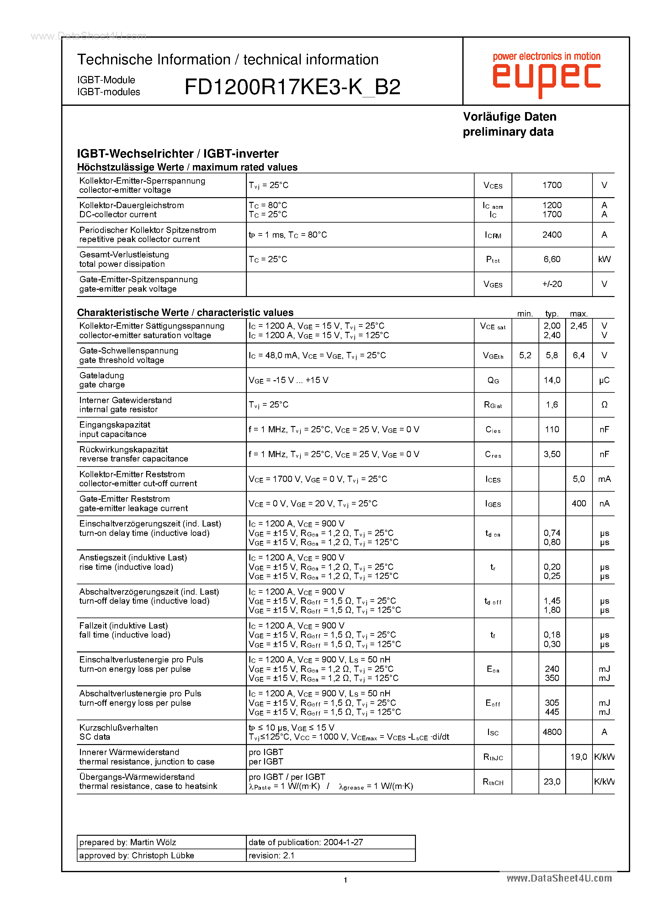 Datasheet FD1200R17KE3-K-B2 - IGBT Inverter page 1