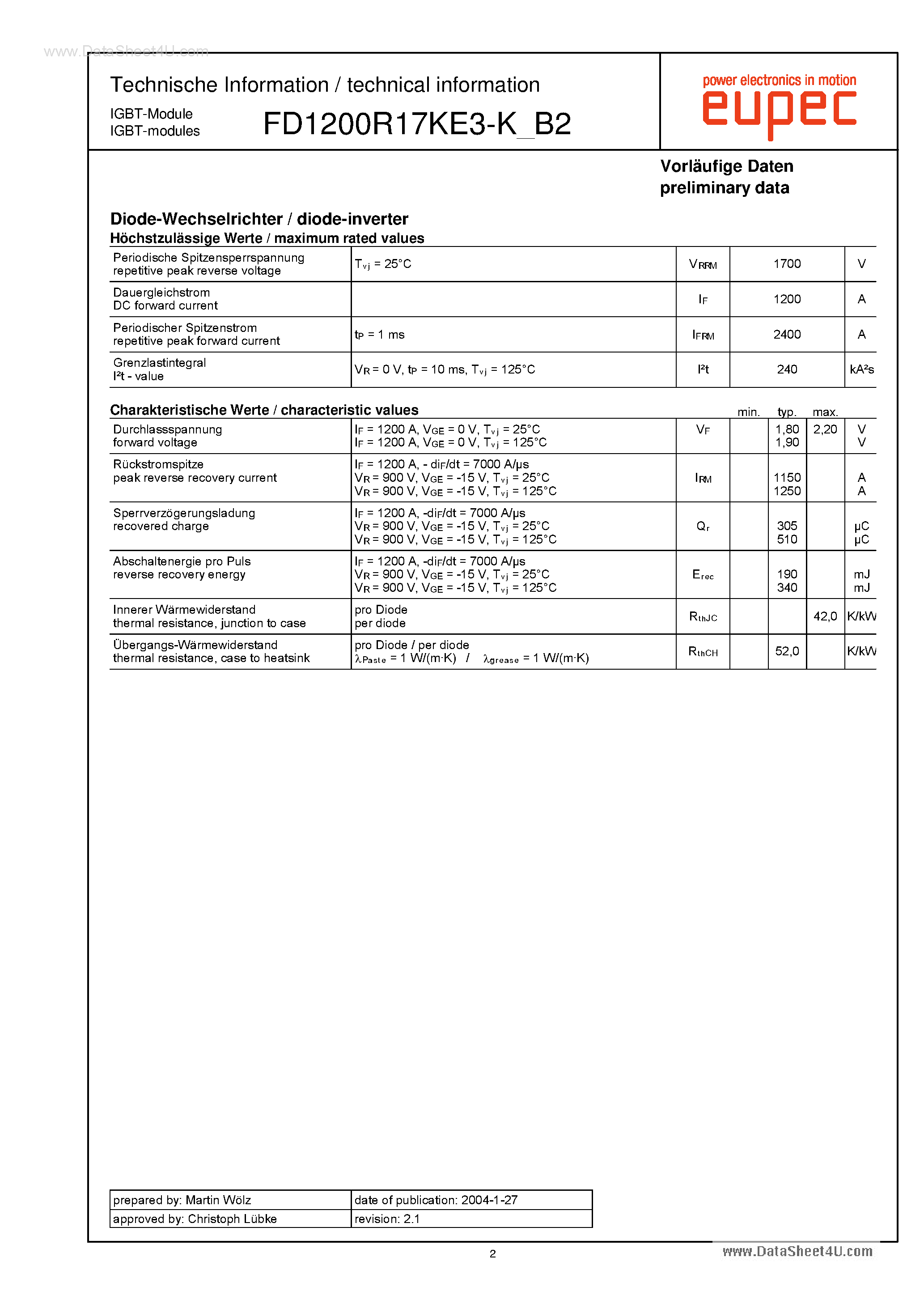 Datasheet FD1200R17KE3-K-B2 - IGBT Inverter page 2
