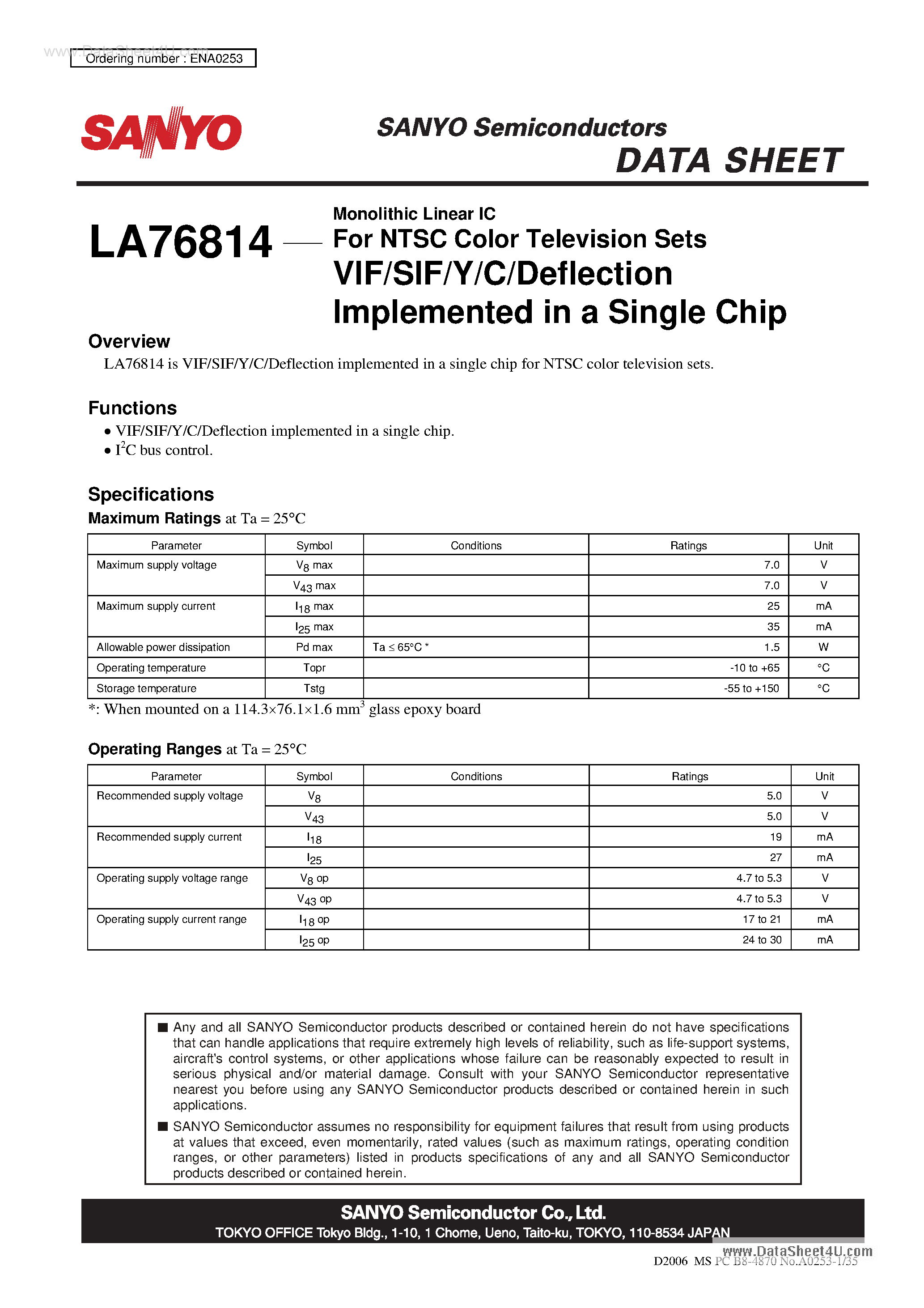 Datasheet LA76814 - VIF/DIF/Y/C/Deflection Implemented page 1