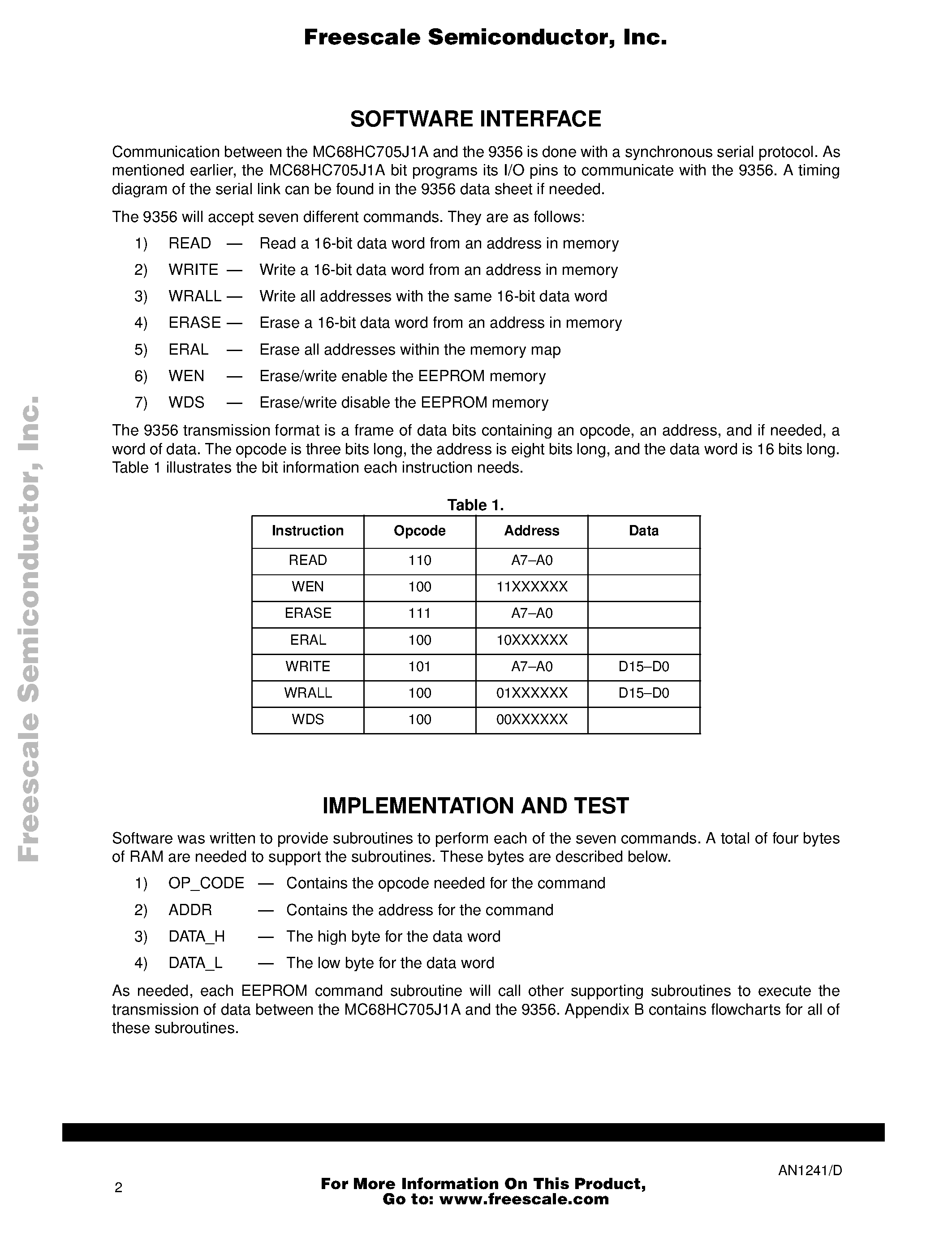 Datasheet AN1241 - Interfacing the MC68HC705J1A to 9356/9366 EEPROMs page 2