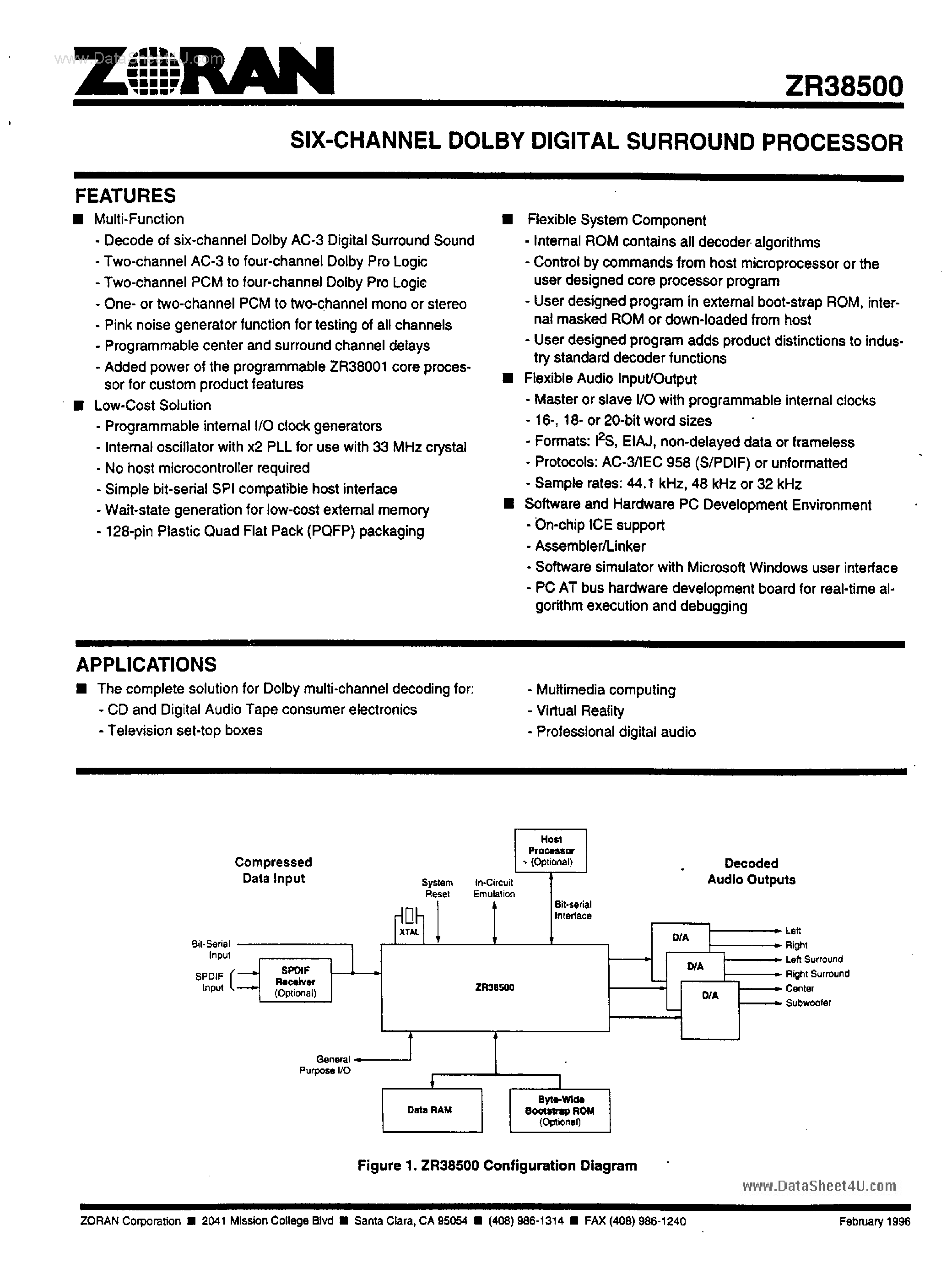 Datasheet ZR38500 - 6-Channel Dolby Digital Surround Processor page 1