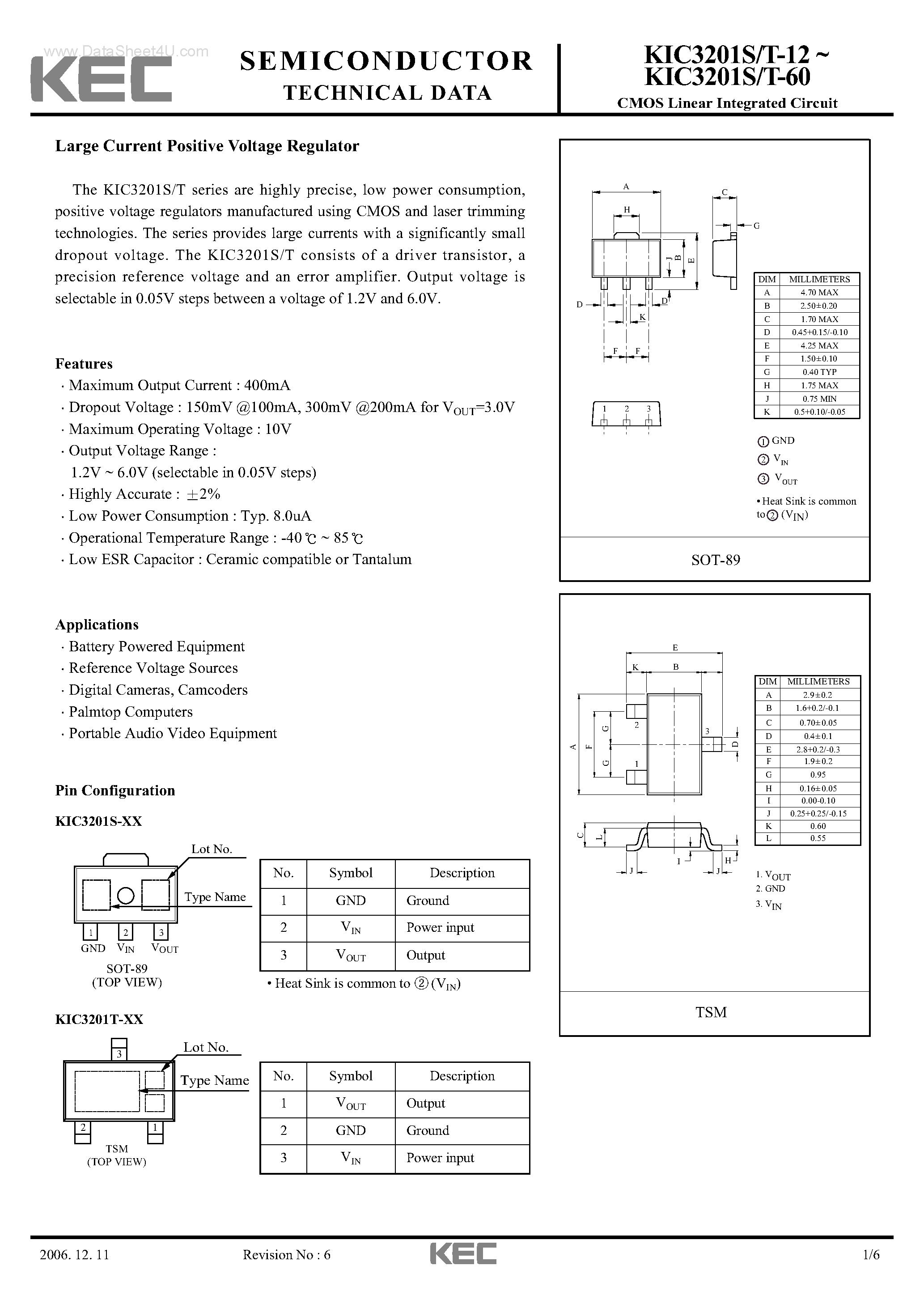 Даташит KIC3201S-12 - (KIC3201x-xx) CMOS Linear Integrated Circuit Large Current Positive Voltage Regulator страница 1
