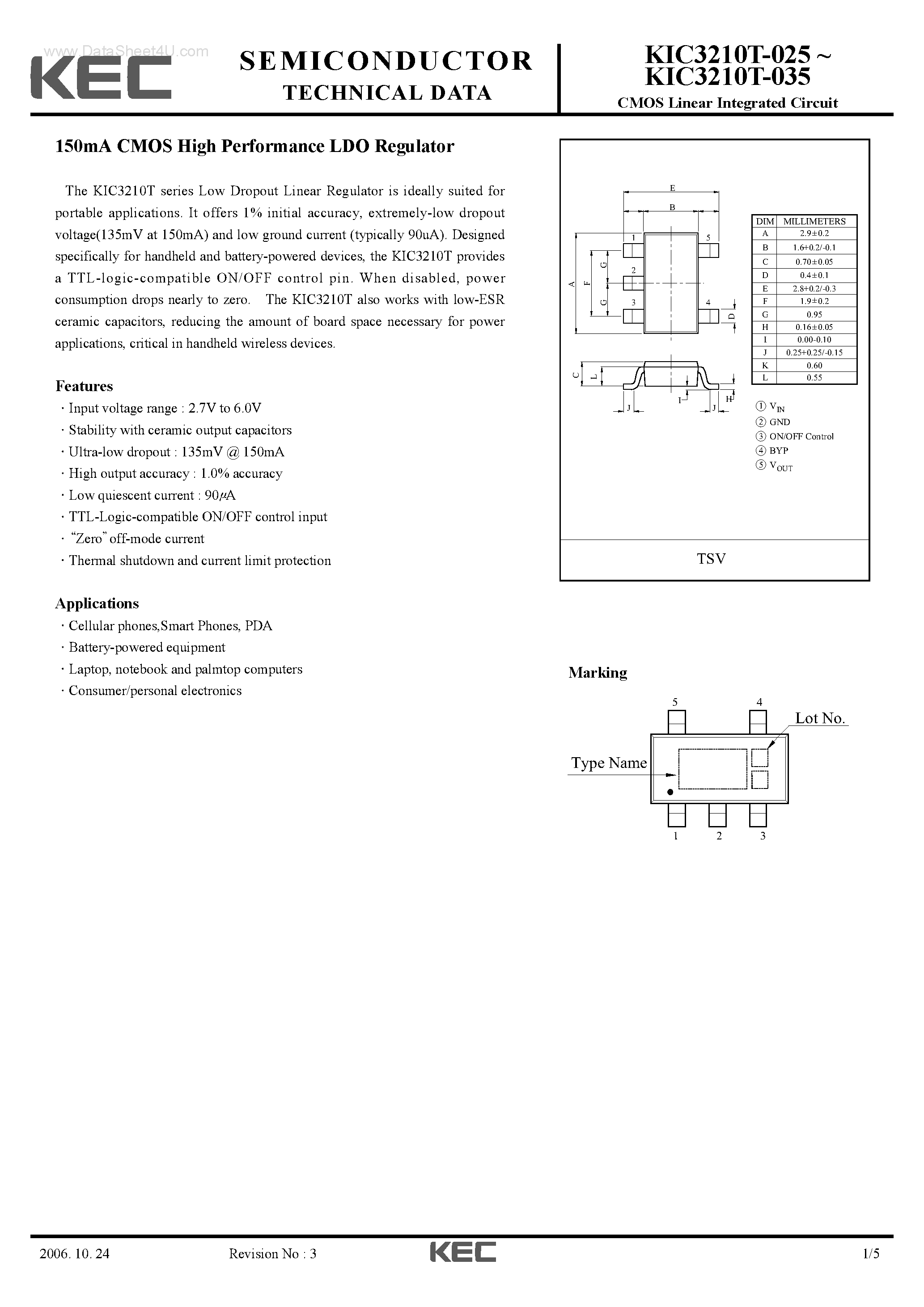 Datasheet KIC3210T-02x - (KIC3210T-0x5) CMOS Linear Integrated Circuit 150mA CMOS High Performance LDO Regulator page 1