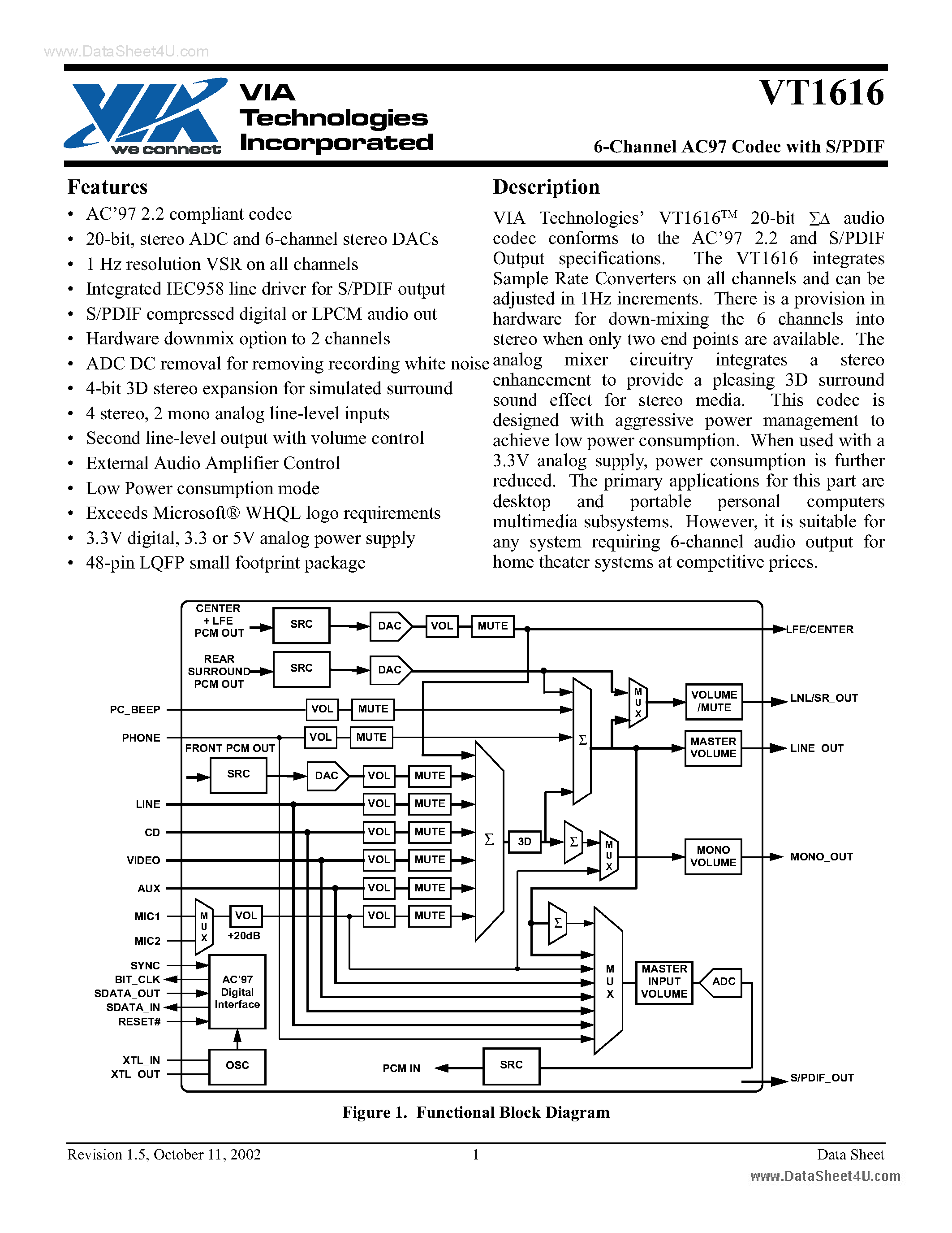 Datasheet VT1616 - 6-Channel AC97 Codec page 1