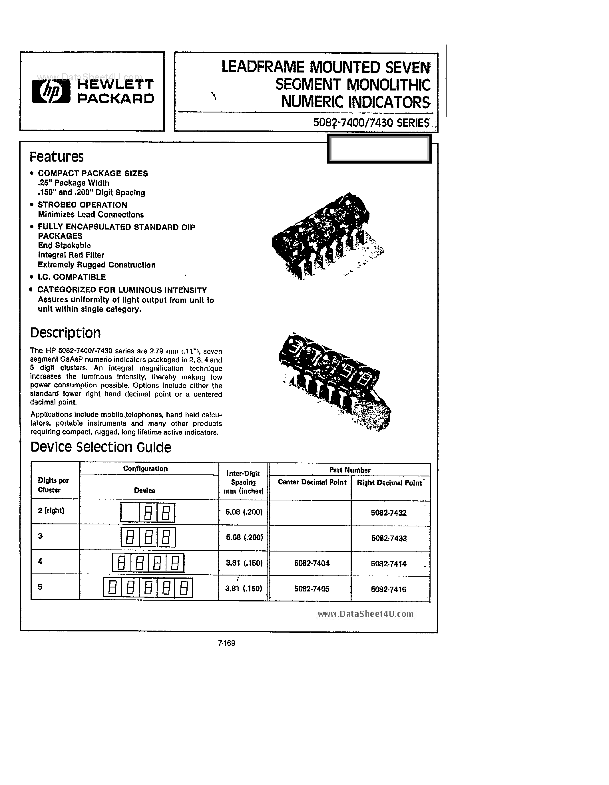Datasheet 5082-7400 - Leadframe Mounted 7-Segment Monolithic Numeric Indicators page 1