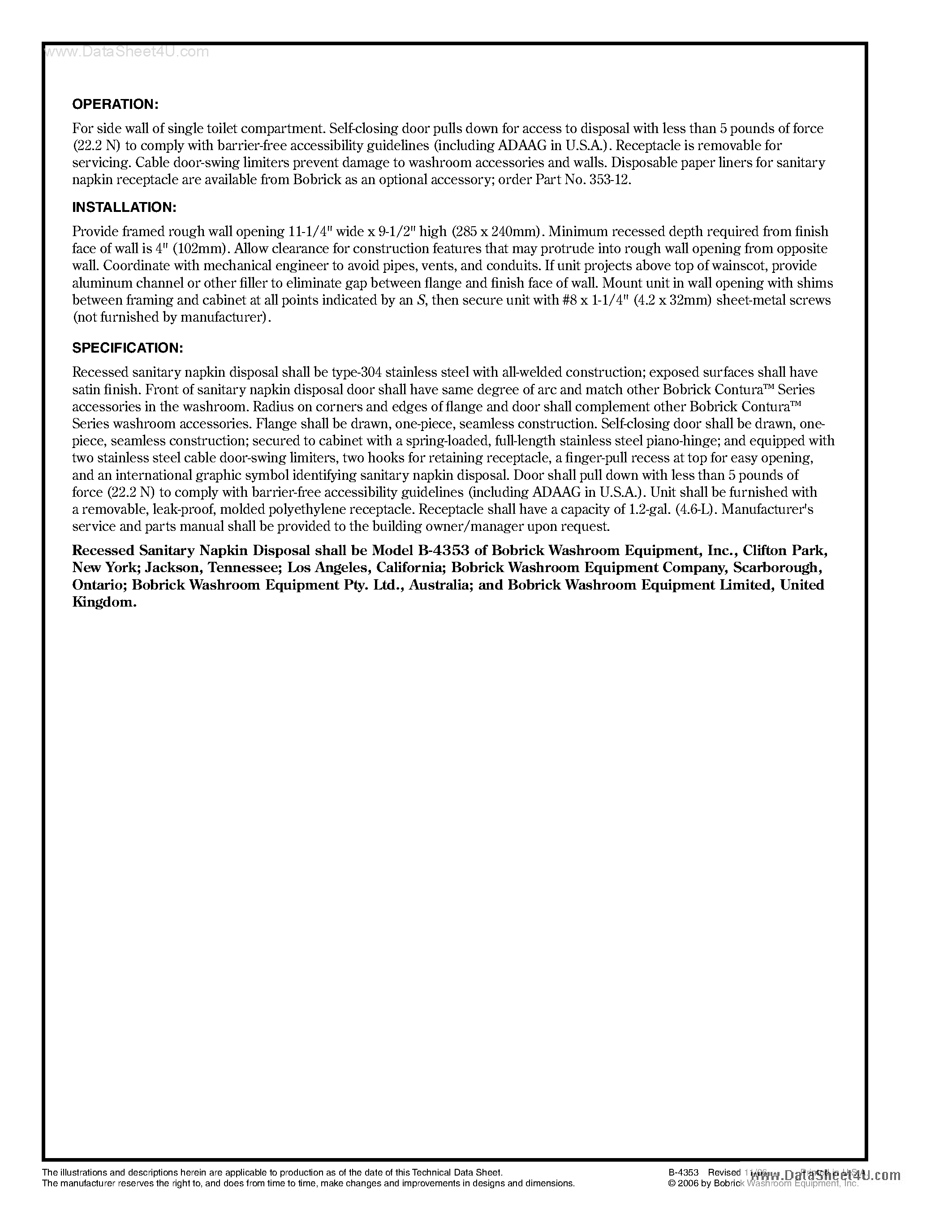 Datasheet B-4353 - Recessed Sanutary Napkin Disposal page 2