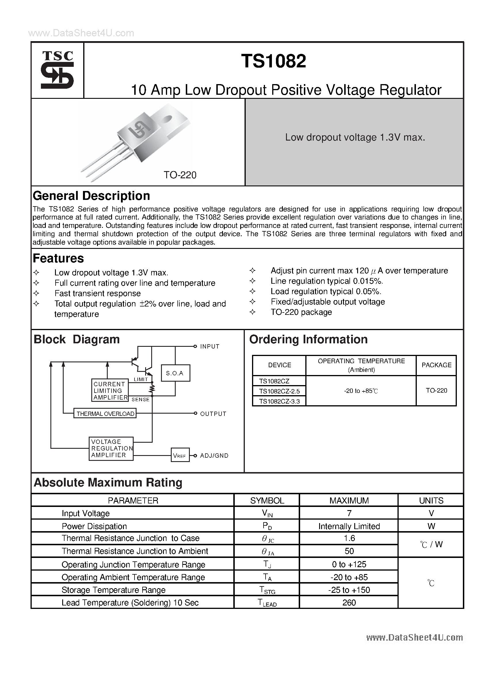 Даташит TS1082 - 10 Amp Low Dropout Positive Voltage Regulator страница 1
