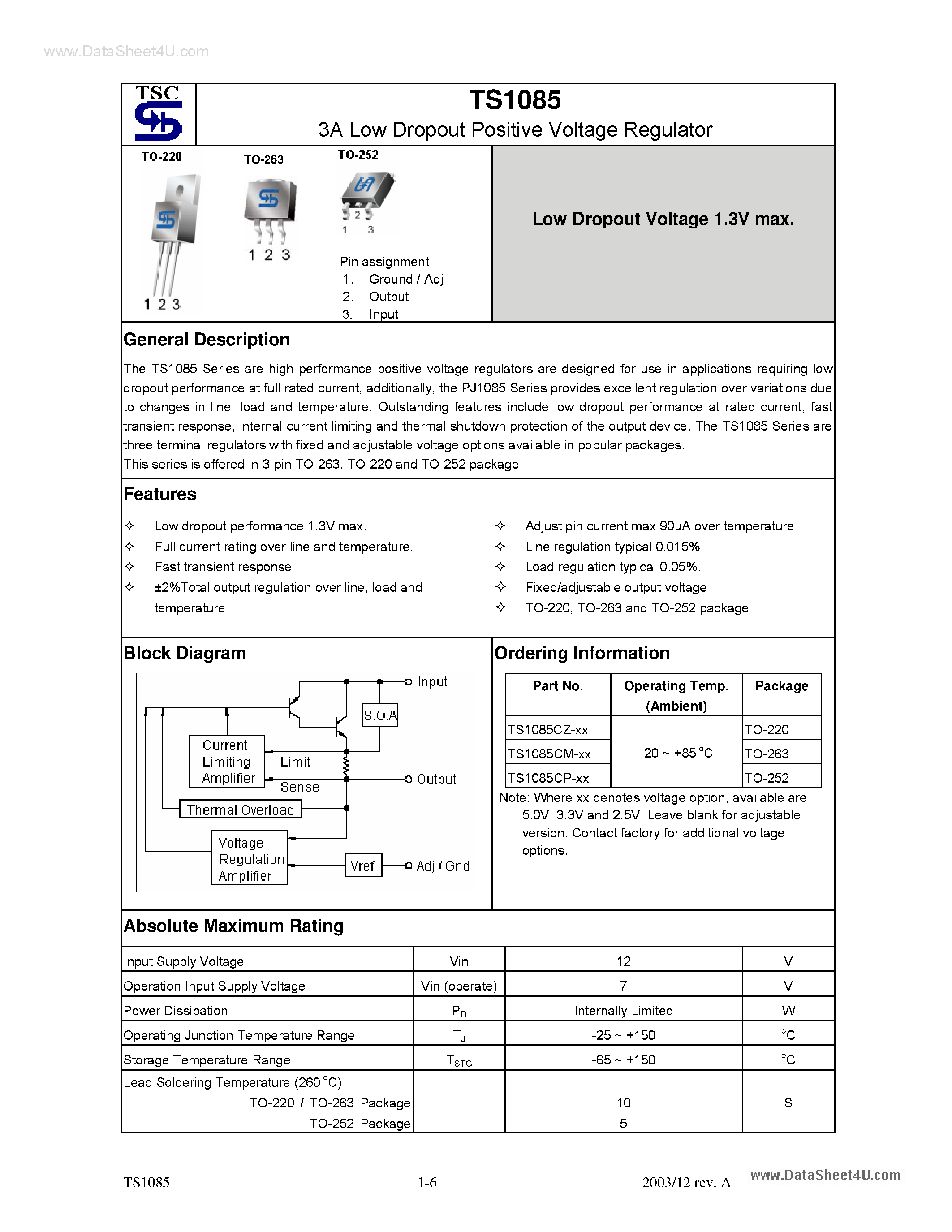 Datasheet TS1085 - 3A Low Dropout Positive Voltage Regulator page 1