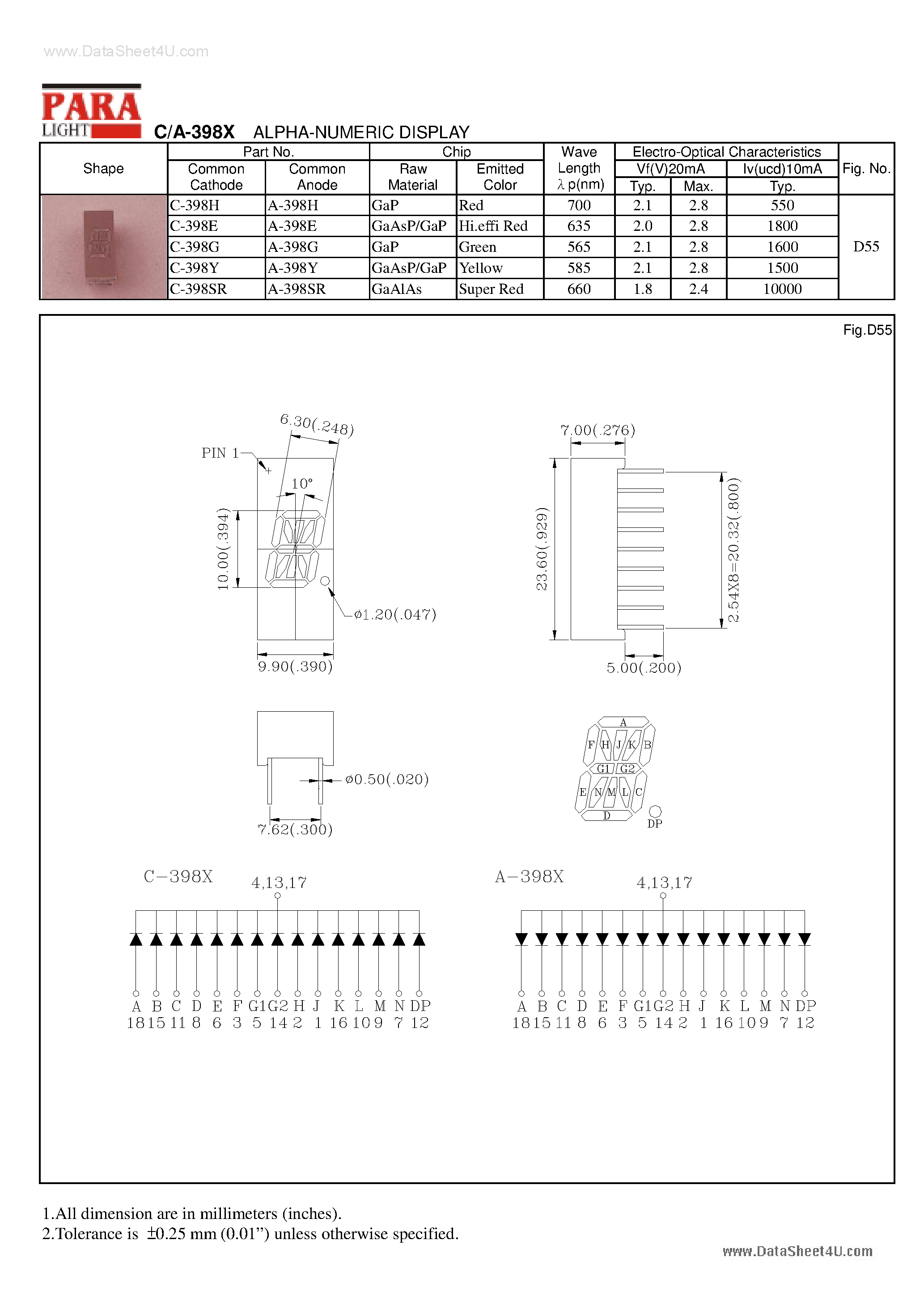 Datasheet A-398E - (A-398x) ALPHA-NUMERIC DISPLAY page 1