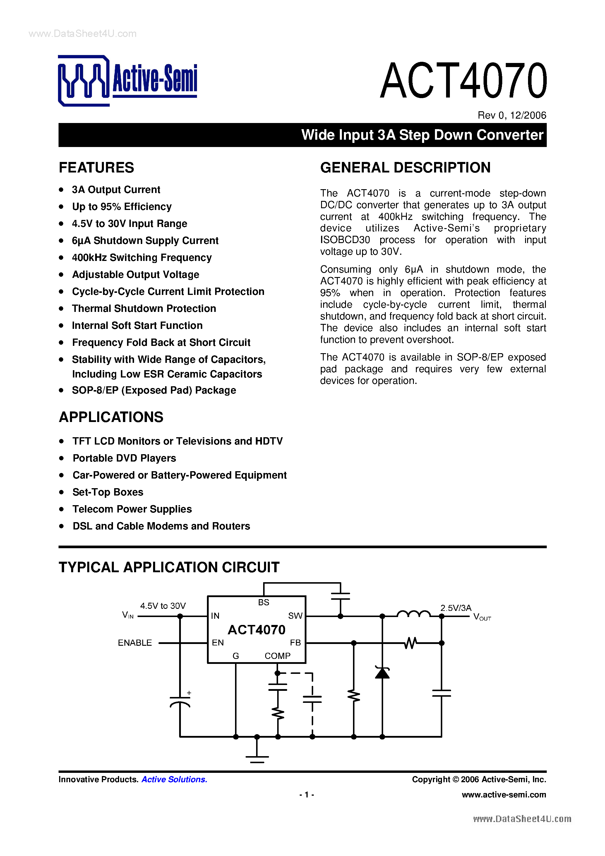 Datasheet ACT4070 - Wide Input 3A Step Down Converter page 1
