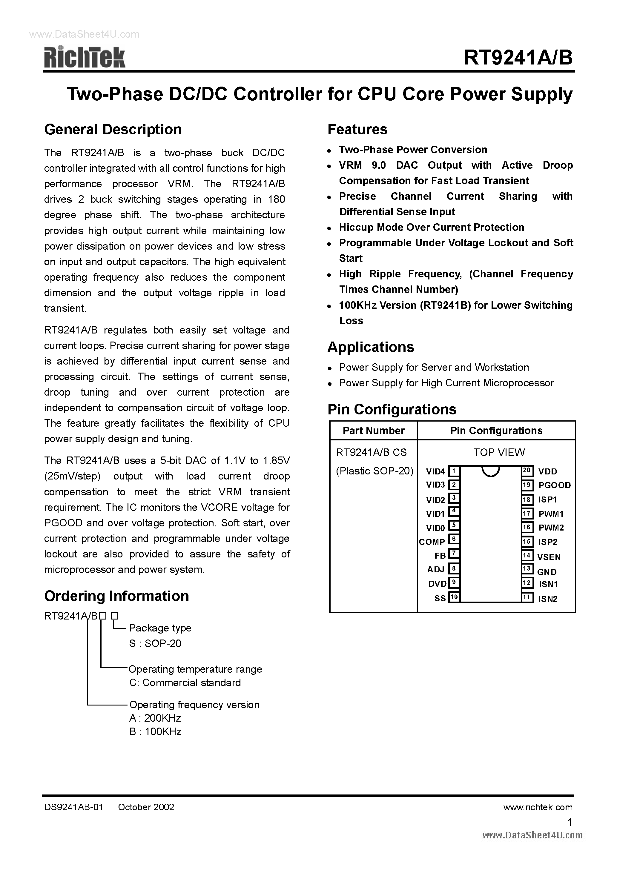 Datasheet RT9241A - (RT9241A/B) 2-Phase DC/DC Controller page 1