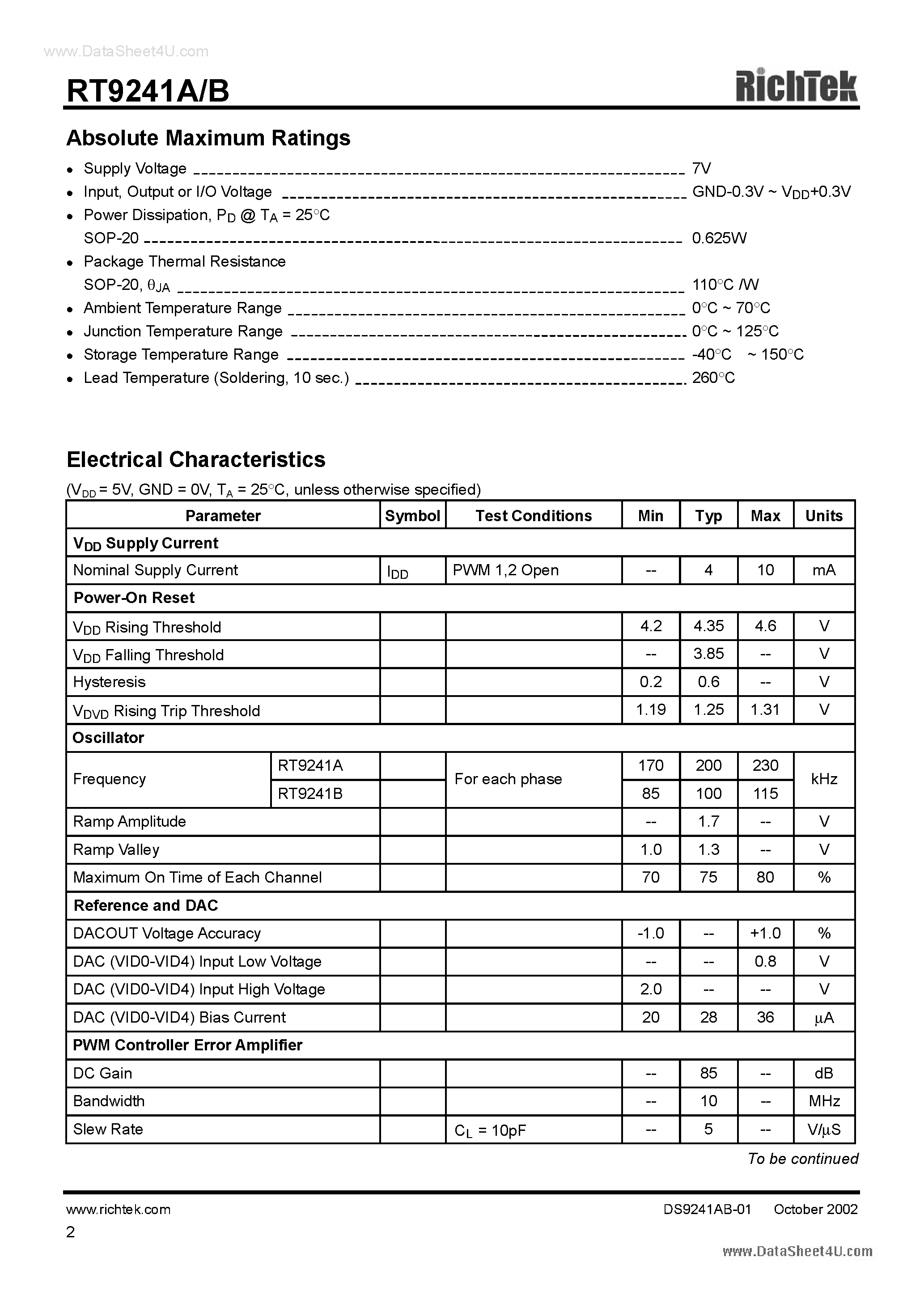 Datasheet RT9241A - (RT9241A/B) 2-Phase DC/DC Controller page 2