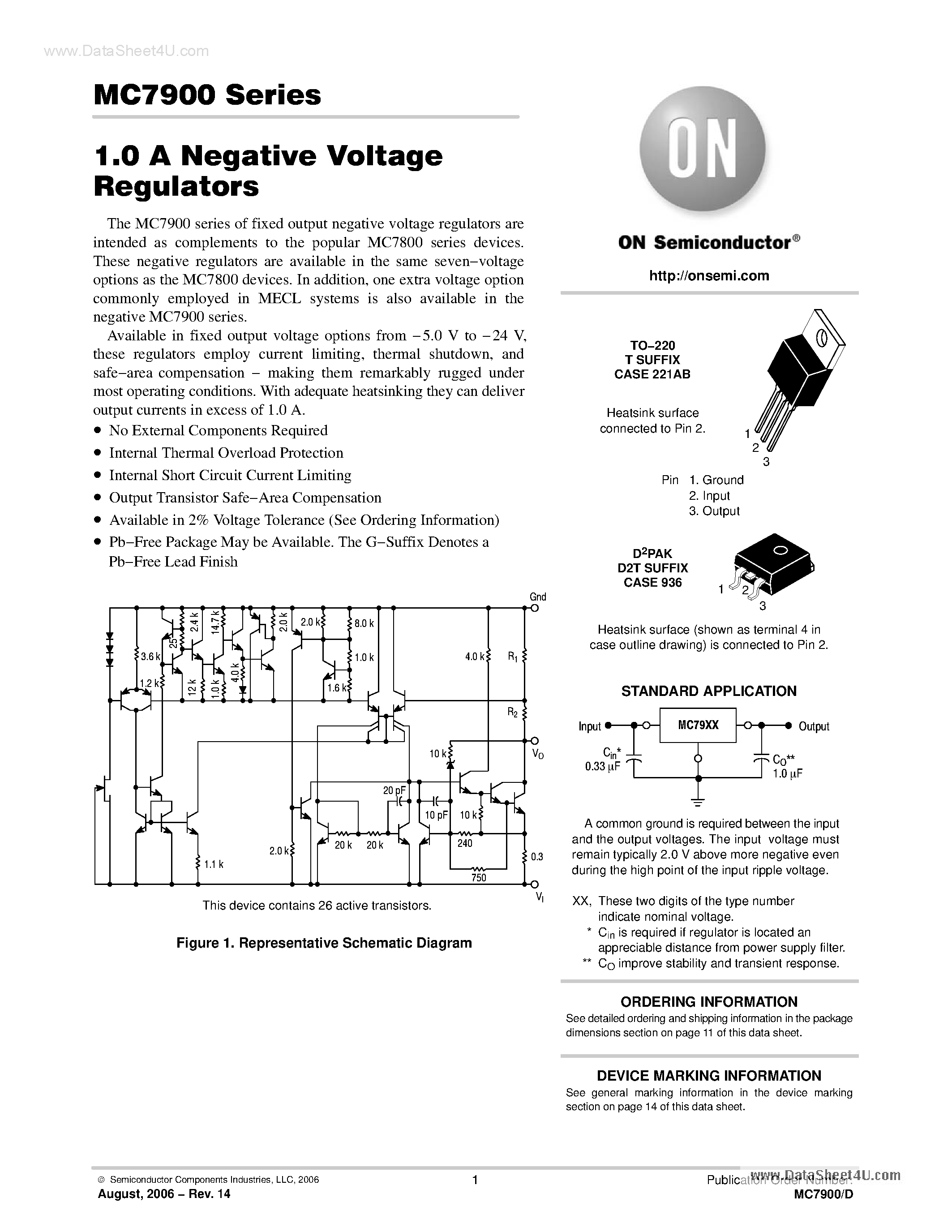 Даташит MC7905 - (MC7900 Series) 1.0 A Negative Voltage Regulators страница 1
