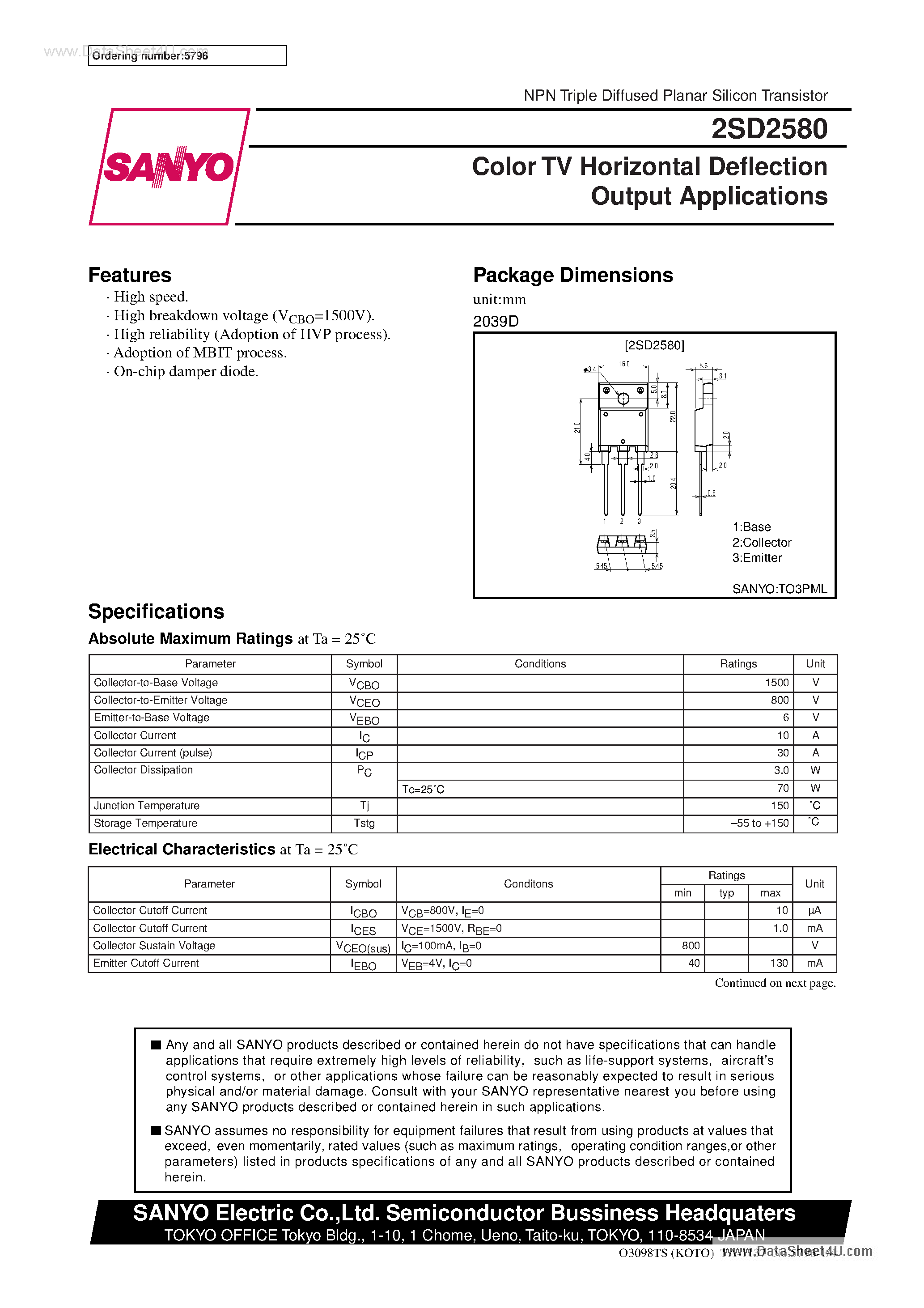 Datasheet D2580 - Search -----> 2SD2580 page 1
