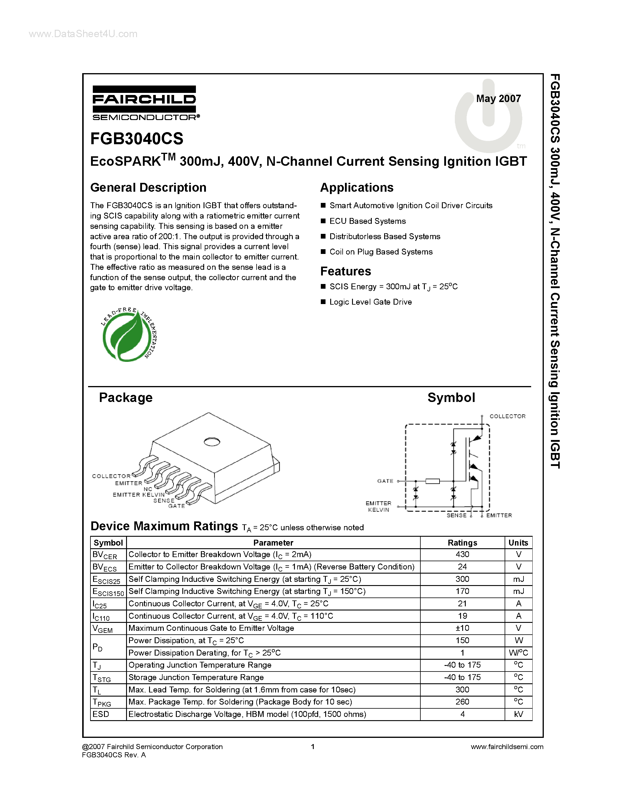 Datasheet FGB3040CS - N-Channel Current Sensing Ignition IGBT page 1