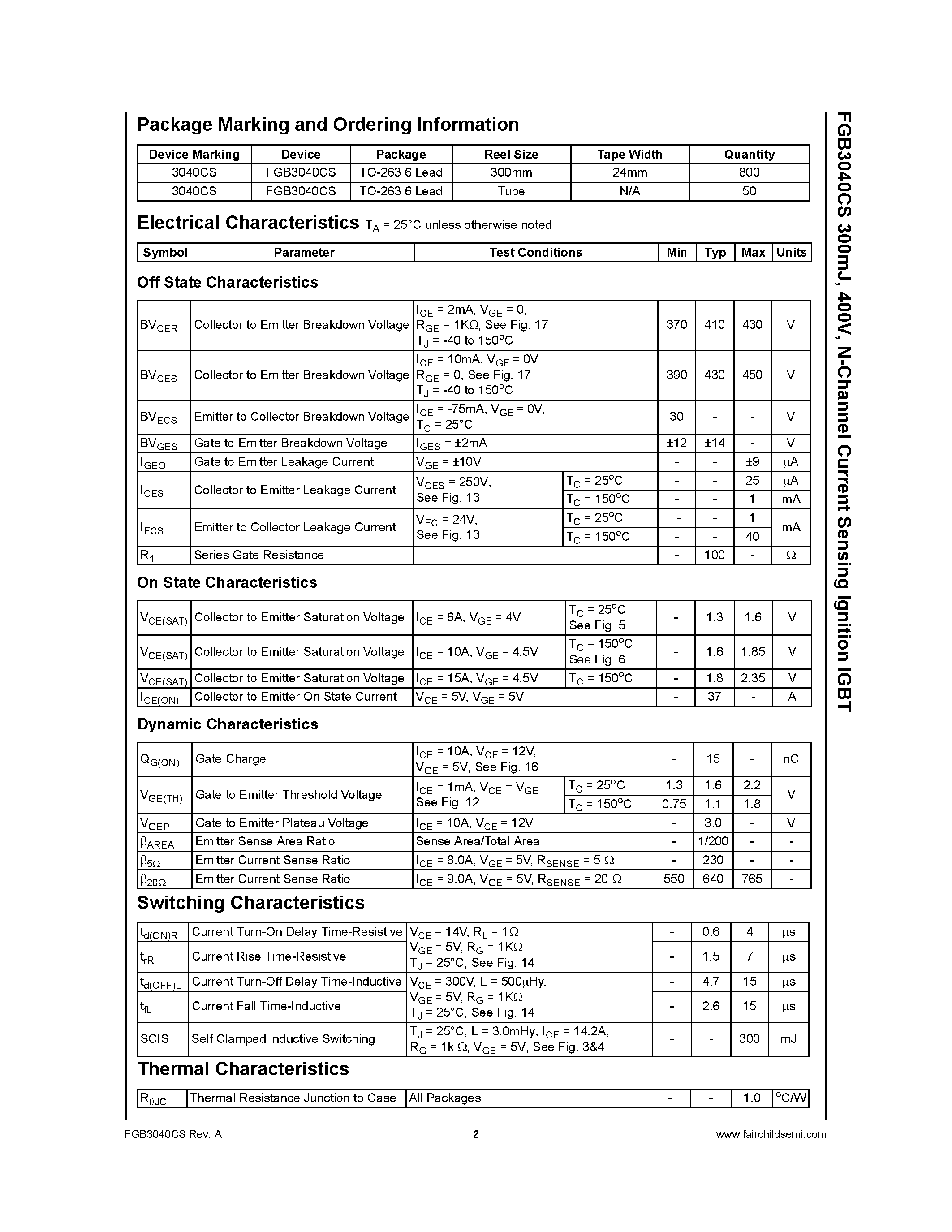 Datasheet FGB3040CS - N-Channel Current Sensing Ignition IGBT page 2