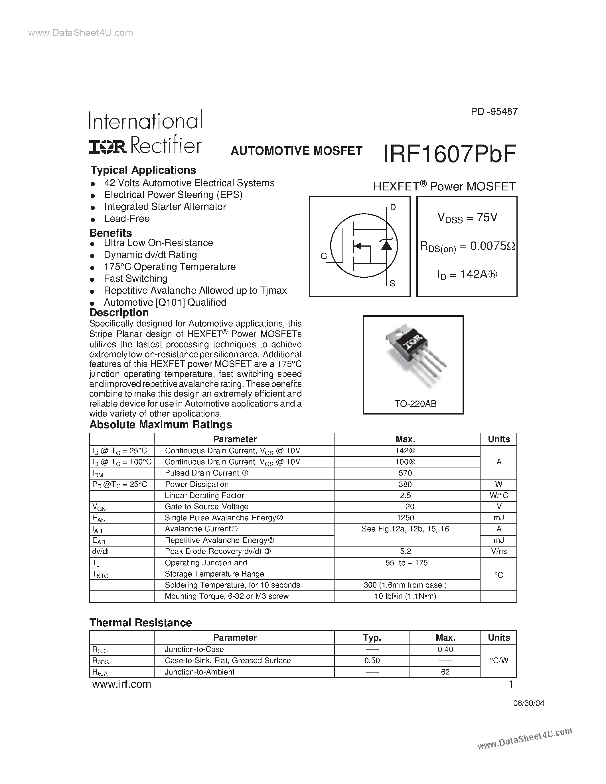 Даташит IRF1607PBF - AUTOMOTIVE MOSFET страница 1