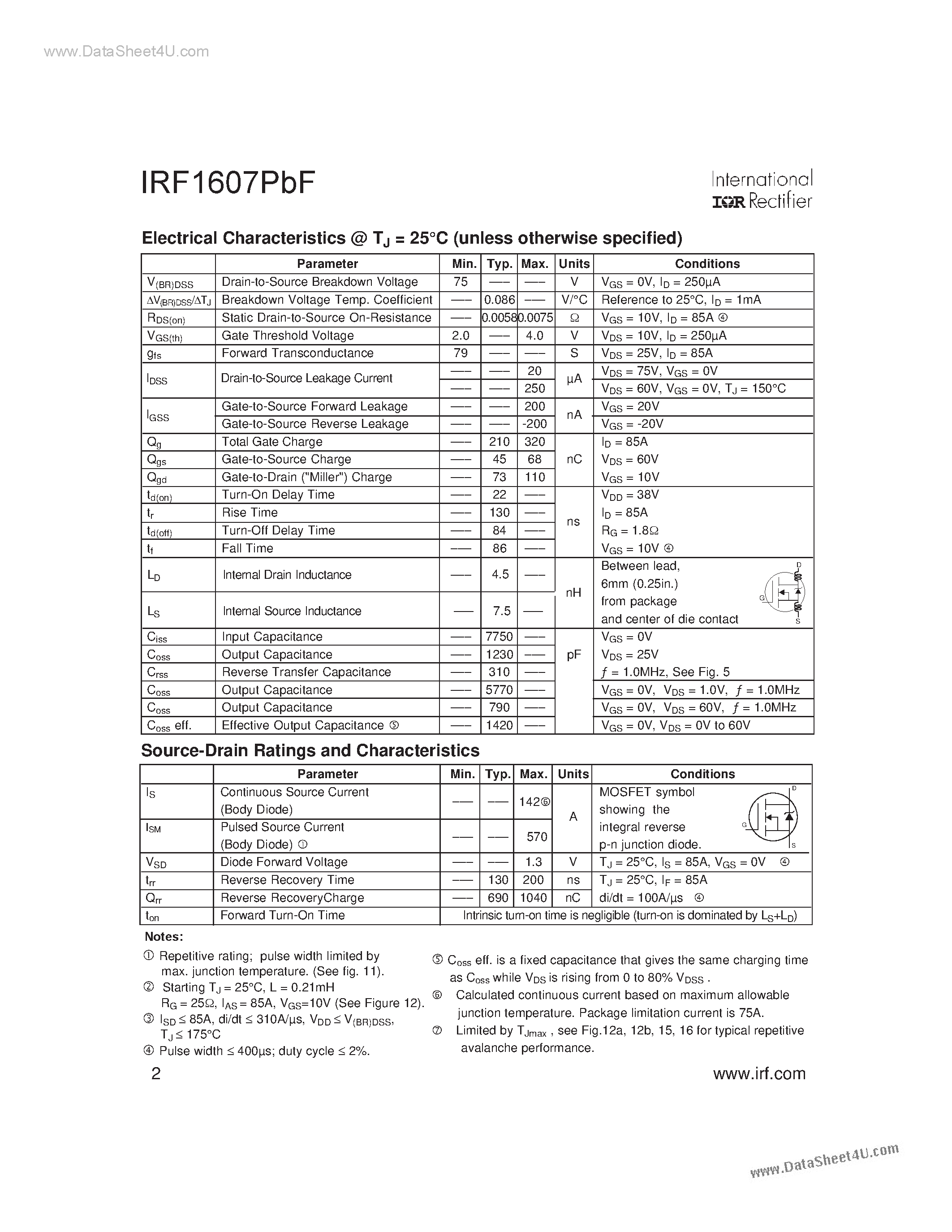 Даташит IRF1607PBF - AUTOMOTIVE MOSFET страница 2