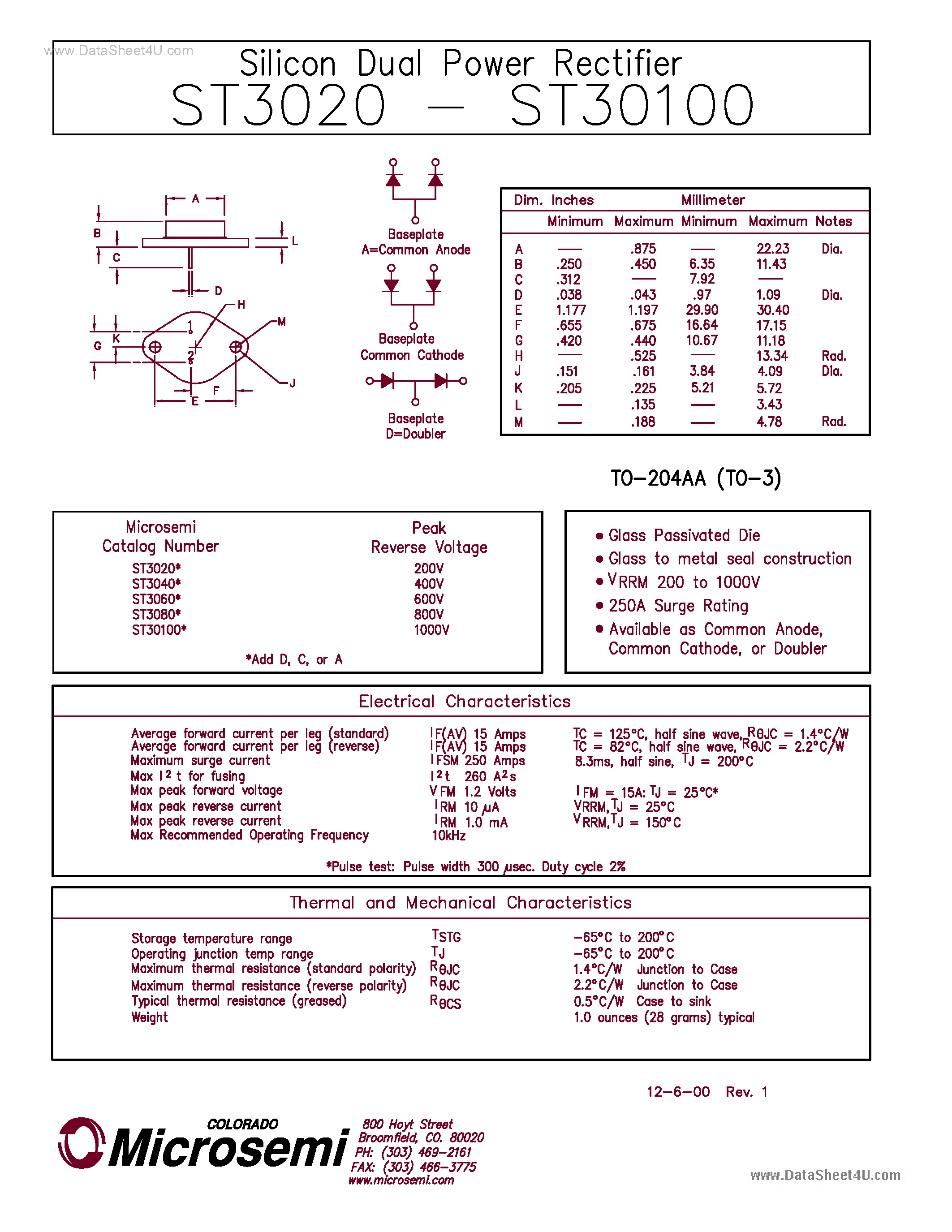 Datasheet ST30100 - (ST3020 - ST30100) Silicon Dual Power Rectifier page 1